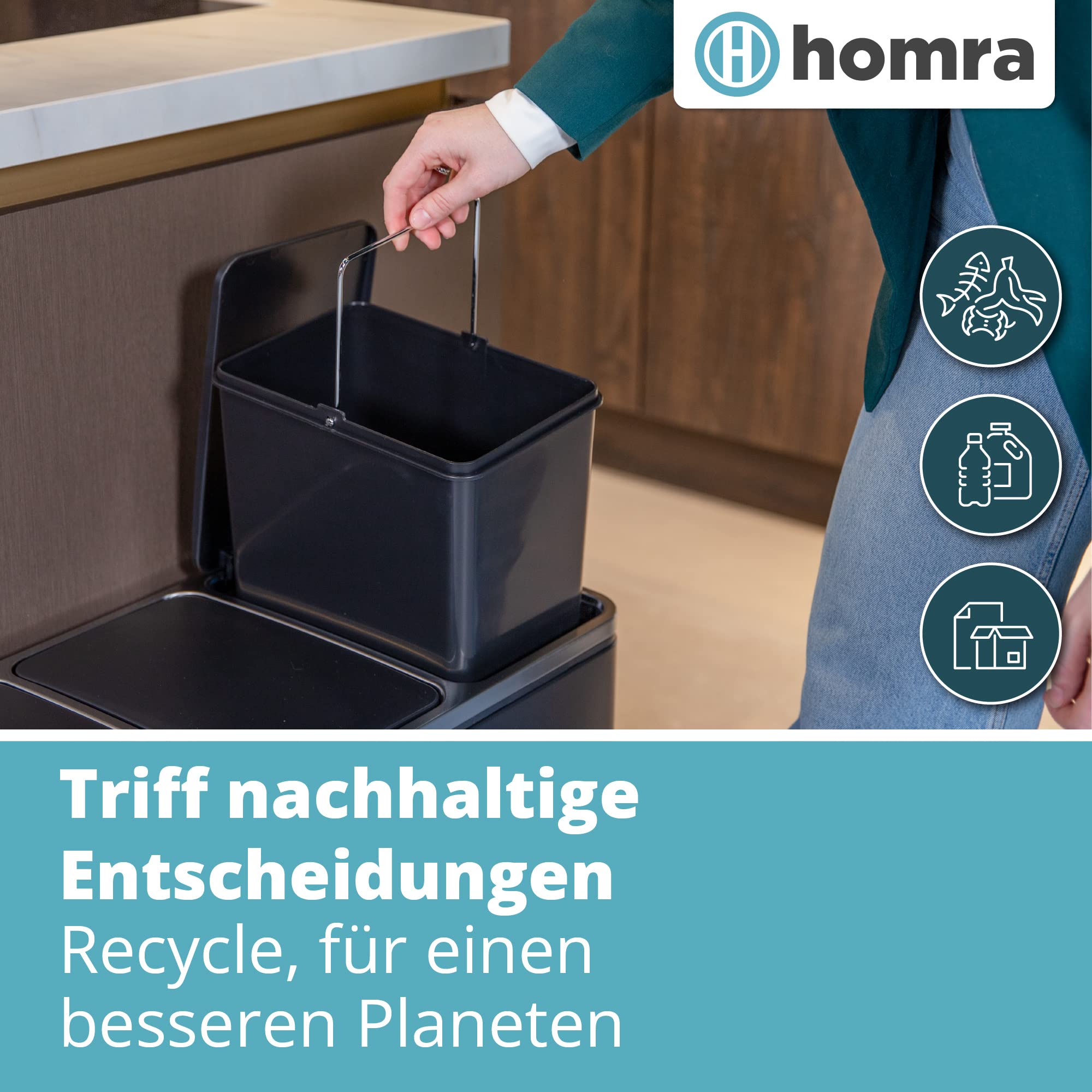 Homra Mülleimer Küche 3 Fächer Sparq 54l | Mülltrennsystem 3Fach | Edelstahl Treteimer 3x18 Liter | Trennsystem 3 Inneneimern | Abfall & Recycling | Abfalleimer Tretmülleimer Softclose | Schwarz