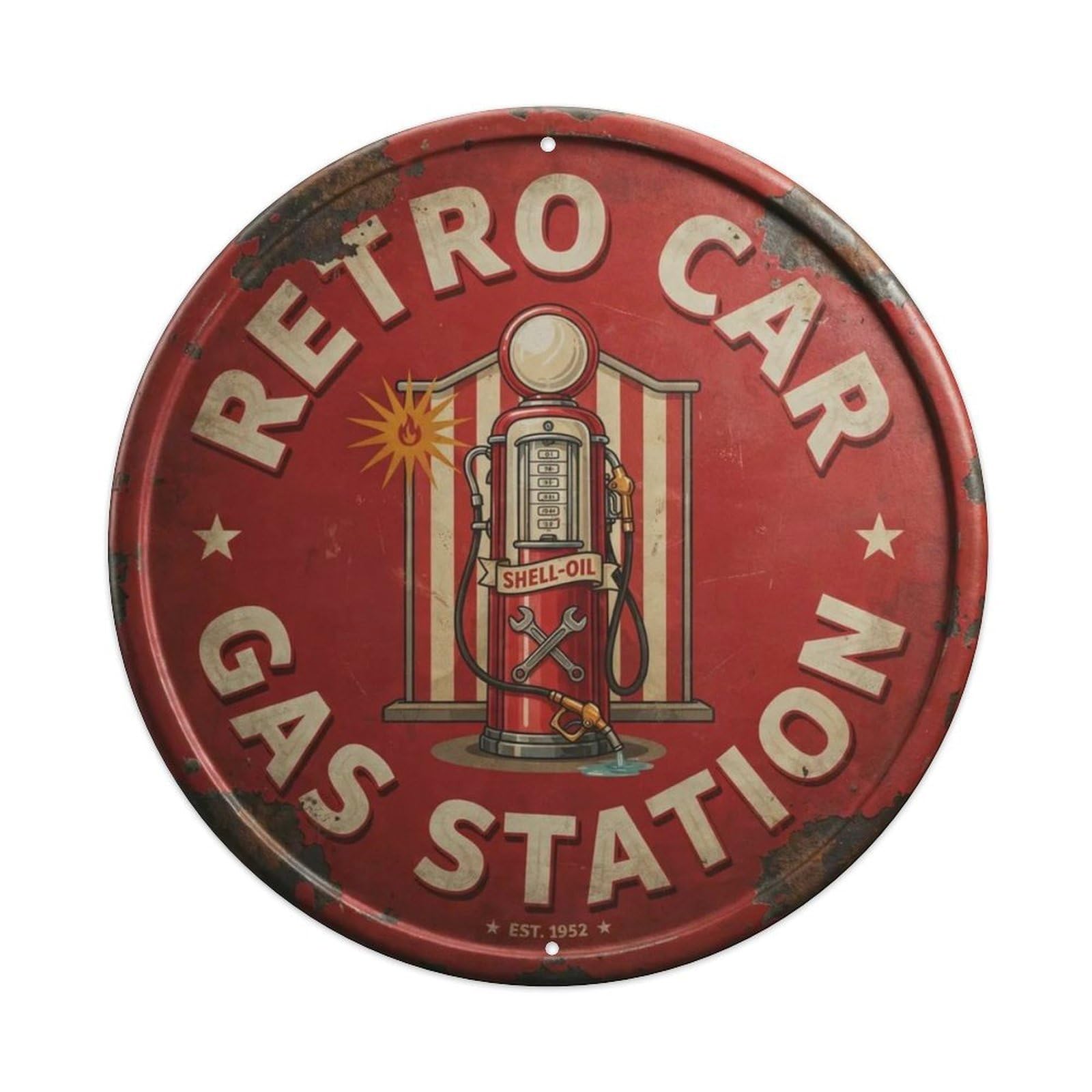 Retro Car Gas Station Vibe. Metal Tin Sign Plaque