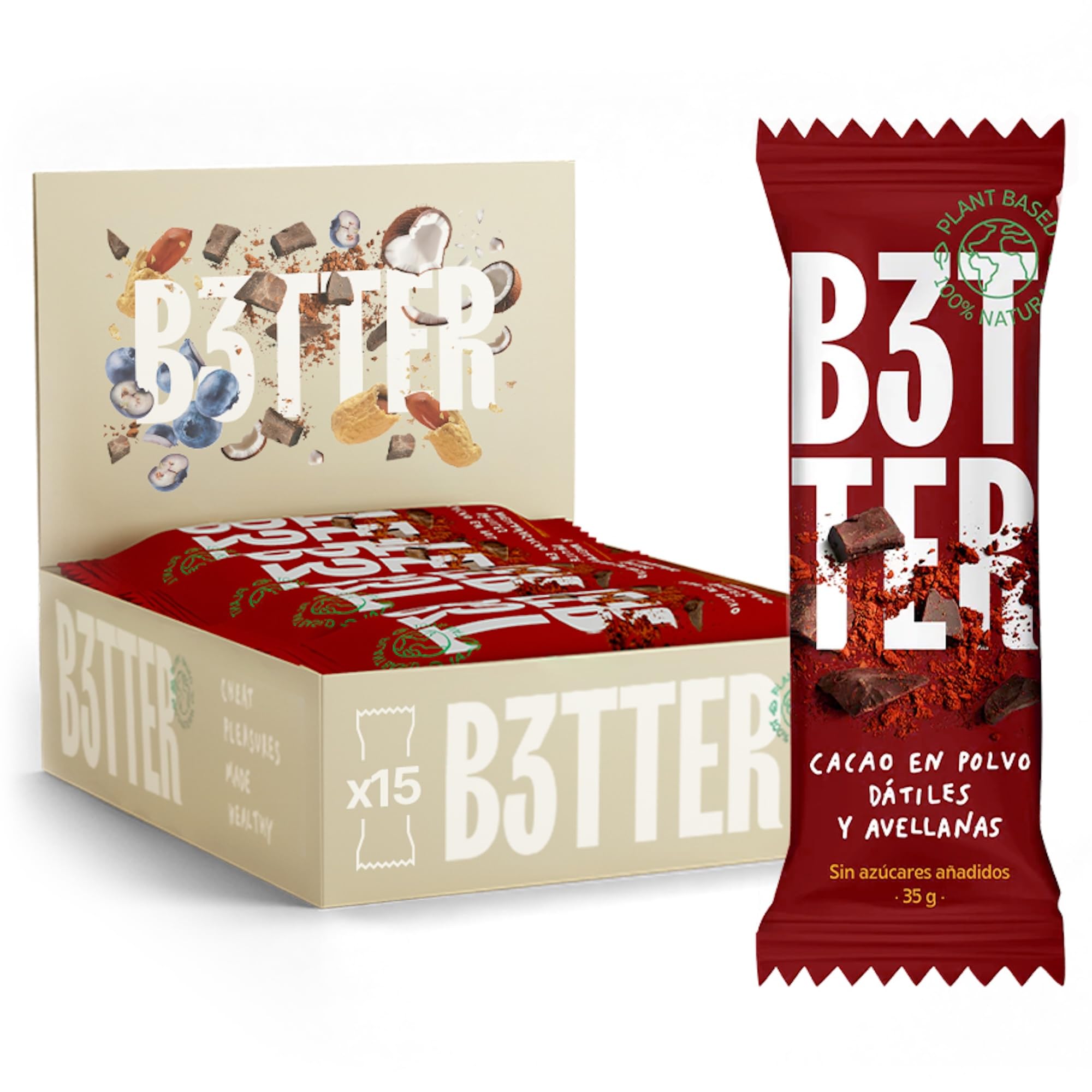 Barritas Proteina B3TTER Cacao - Barritas Energéticas con Ingredientes 100% Naturales - Sin Azúcar Añadido - Pack 15 Unidades - Alto Contenido en Fibra y Proteinas - Sin Gluten