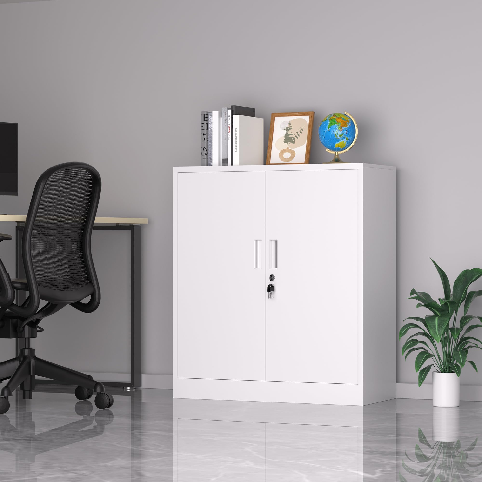 iJINGUR Armoire de Rangement en métal avec Portes verrouillables et 2 étagères réglables, Petite Armoire de Rangement verrouillable pour la Maison, Le Bureau, Le Garage (Blanc, 92H cm)