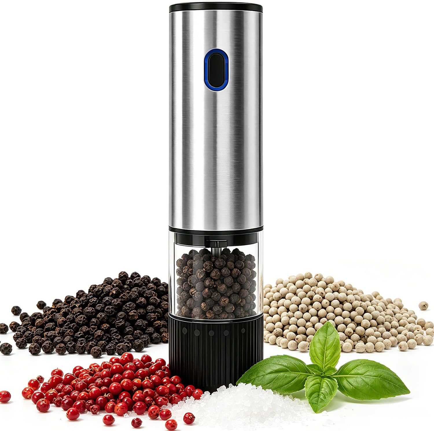 Electric Stainless Steel Pepper Grinder, Rechargeable Automatic Salt and Pepper Shakers with 5 Adjustable Coarseness, 80ml Container and LED Light, Silver
