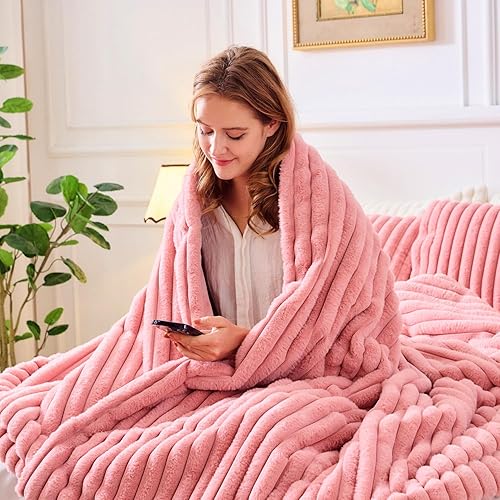 Miniatura 10 de Jameswish Juego de edredón suave y esponjoso de piel de conejo, juego de ropa de cama de pelo sintético a rayas con funda de almohada, juego de cama