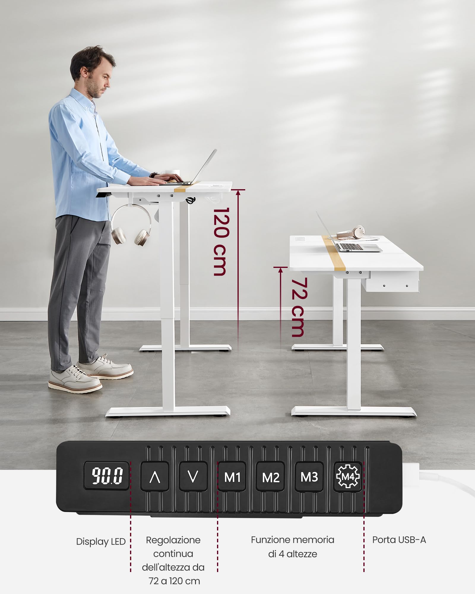 VASAGLE Scrivania Regolabile in Altezza, Scrivania Elettrica, Piano del Tavolo 60 x 140 cm, Regolabile in Continuo, Funzione di Memoria con 4 Altezze, Bianco LSD114W01