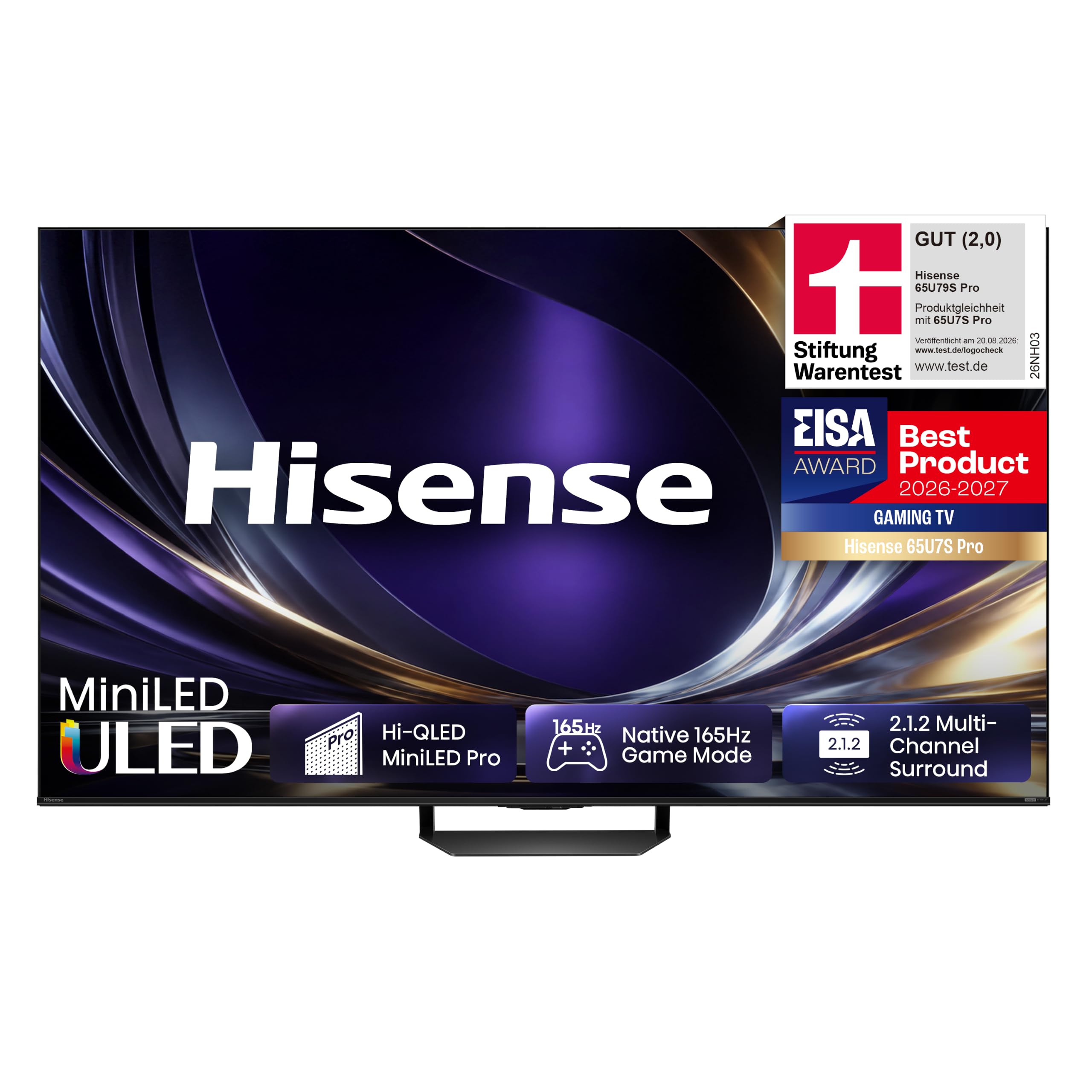 Hisense 65U7DS PRO Fernseher 65 Zoll, 4K UHD, Hi-QLED Mini LED Pro, Smart TV, 165Hz, Hi-View AI Engine Pro, IMAX Enhanced, AI RGB Lichtsensor, Dolby Vision Atmos, Unibody Slim, FreeSync Premium, 2026
