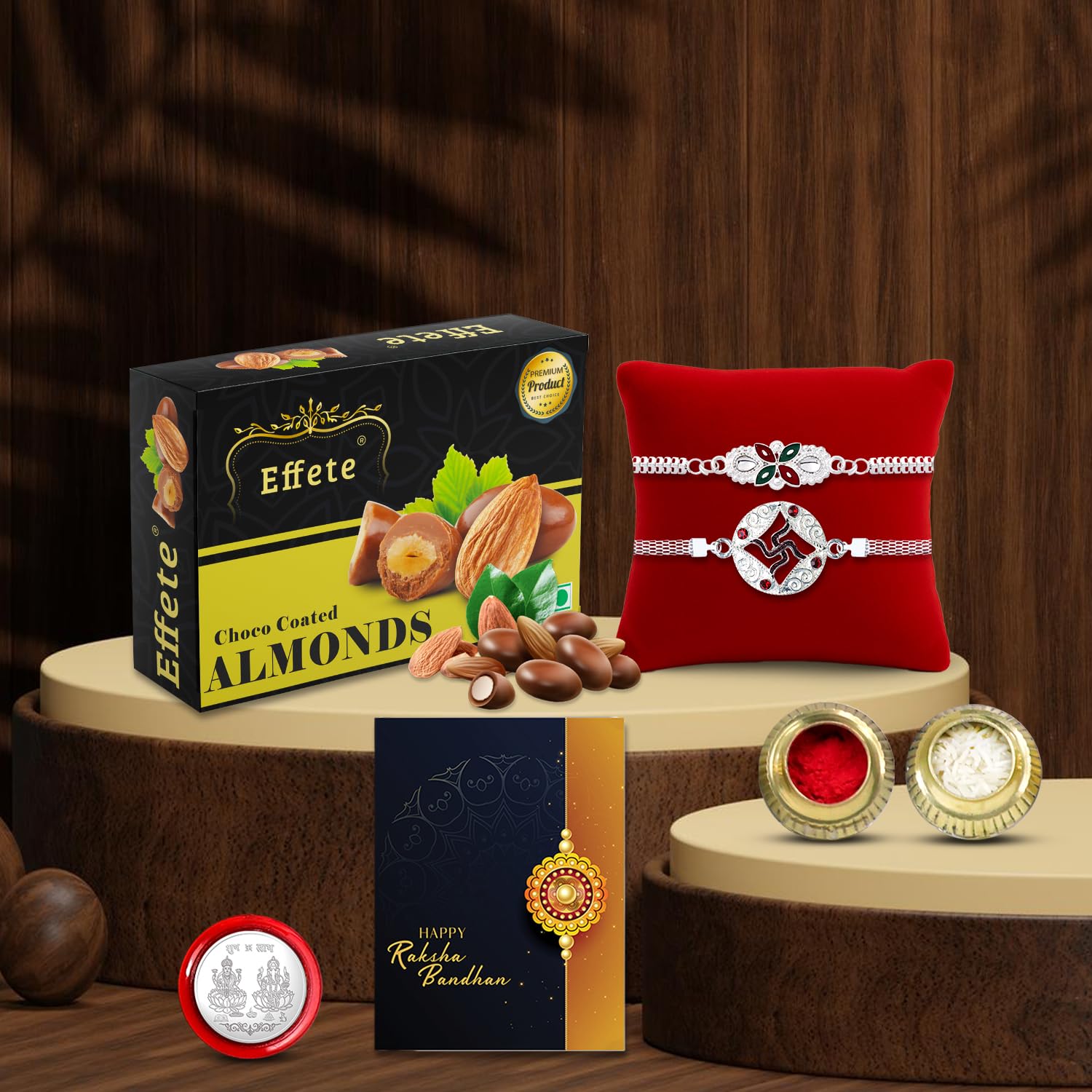 DeoDap (K2_A7+A8_CA32) Multicolor Rakhi Combo with Effete Chocolate Almonds , Silver Color Pooja Coin, Roli Chawal & Greeting Card, Occasion, stylish rakhi for brother, Rakhi & Chocolate for brother, rakhi brother, rakhi with gift, handmade rakhi, Set of 2 Rakhi-image-46
