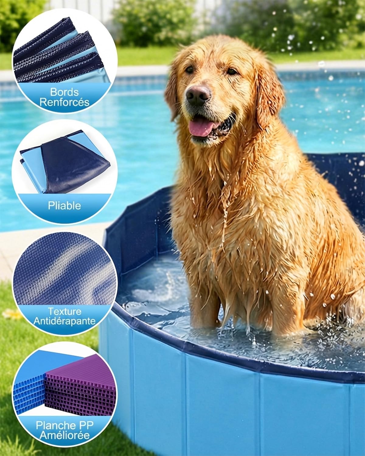 Piscine Chien Pliable et Robuste, Bassin pour Chiens en PVC Antidérapant, Piscine Portable pour Animaux et Enfants, Baignoire Extérieure pour Petit et Grand Chien, Bleu,80 x 20 cm