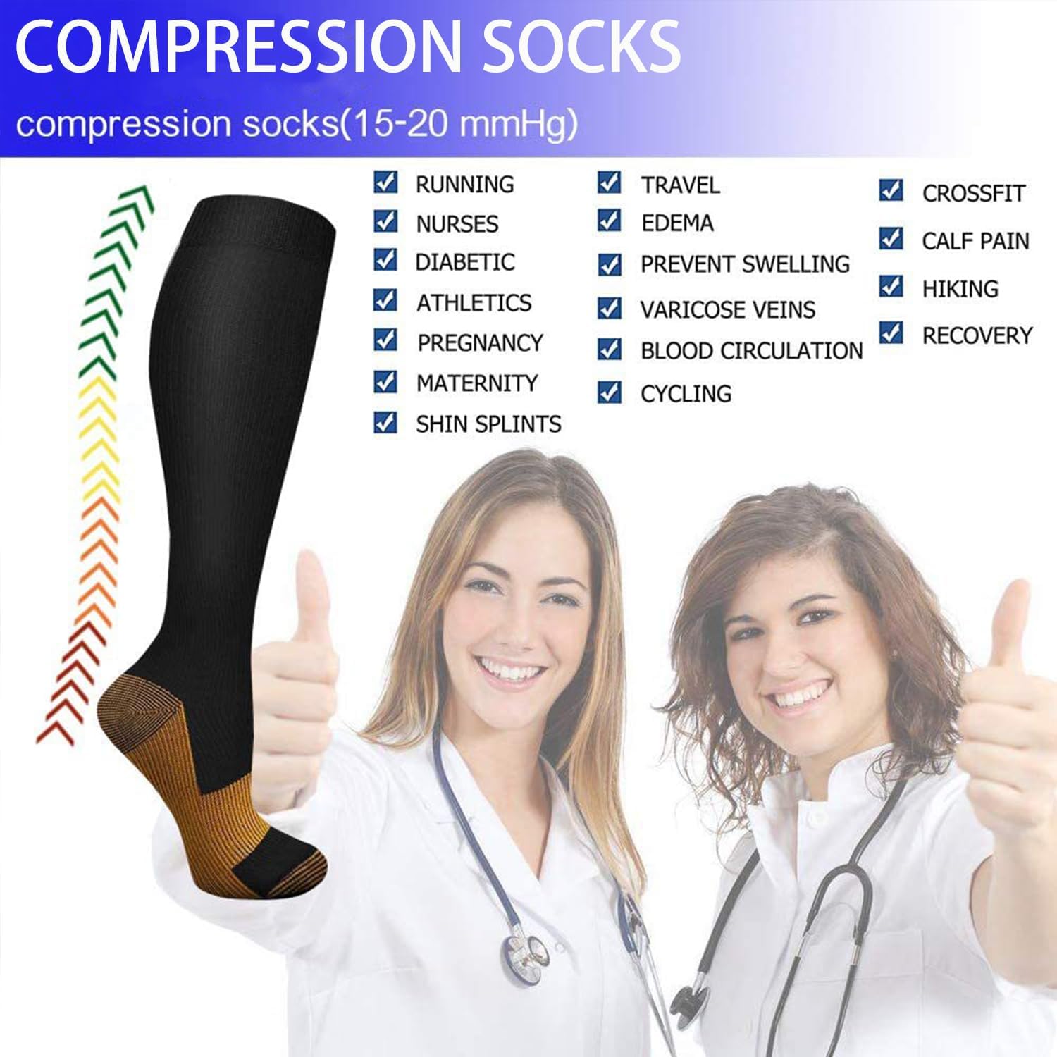 Copper & Black Socks for Men and Women - 8 Pairs 15-20 Running, Athletic, Cycling