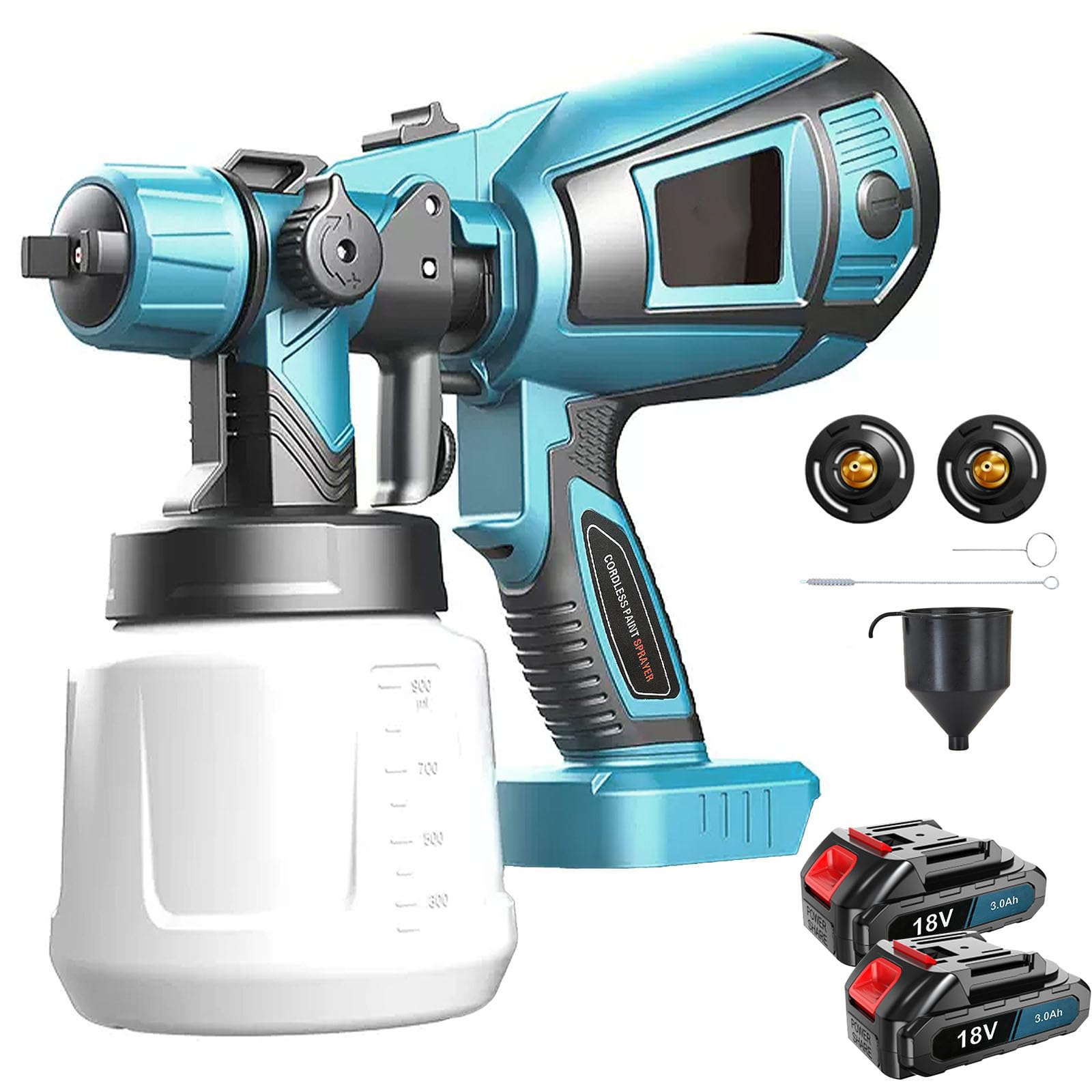 Pistolet a Peinture sans Fil 18V avec 2 Batteries 3000mAh et Chargeur – 3 Buses 3 Modes de Pulvérisation, Réservoir PVC 1000ml, Aiguille et Buse en Cuivre Pur pour Portes, Murs
