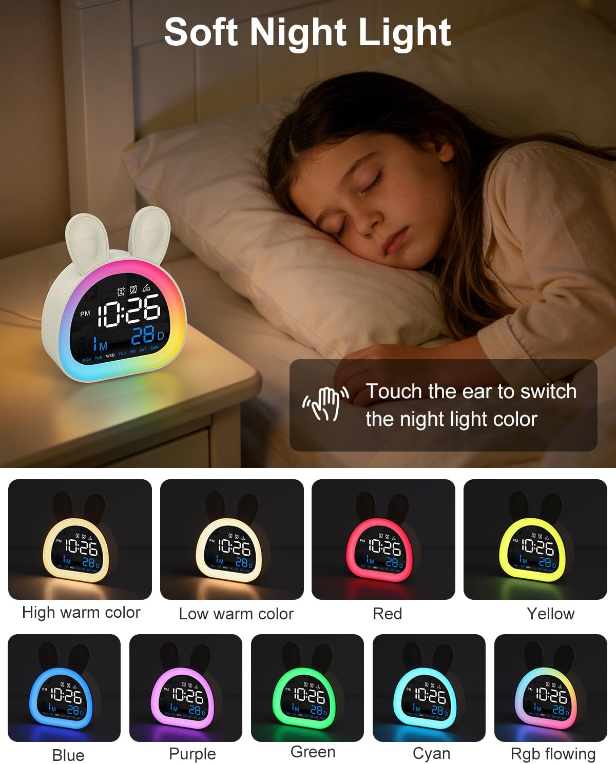 Alarm Clock for Kids, Ok to Wake Up Clock with 9 Color Night Light, Dual Alarms, 5 Level Volume & Brightness Adjustment, 6 Ringtones, Bedroom Alarm Clock for Toddlers, Teens, Girls Gifts image 3