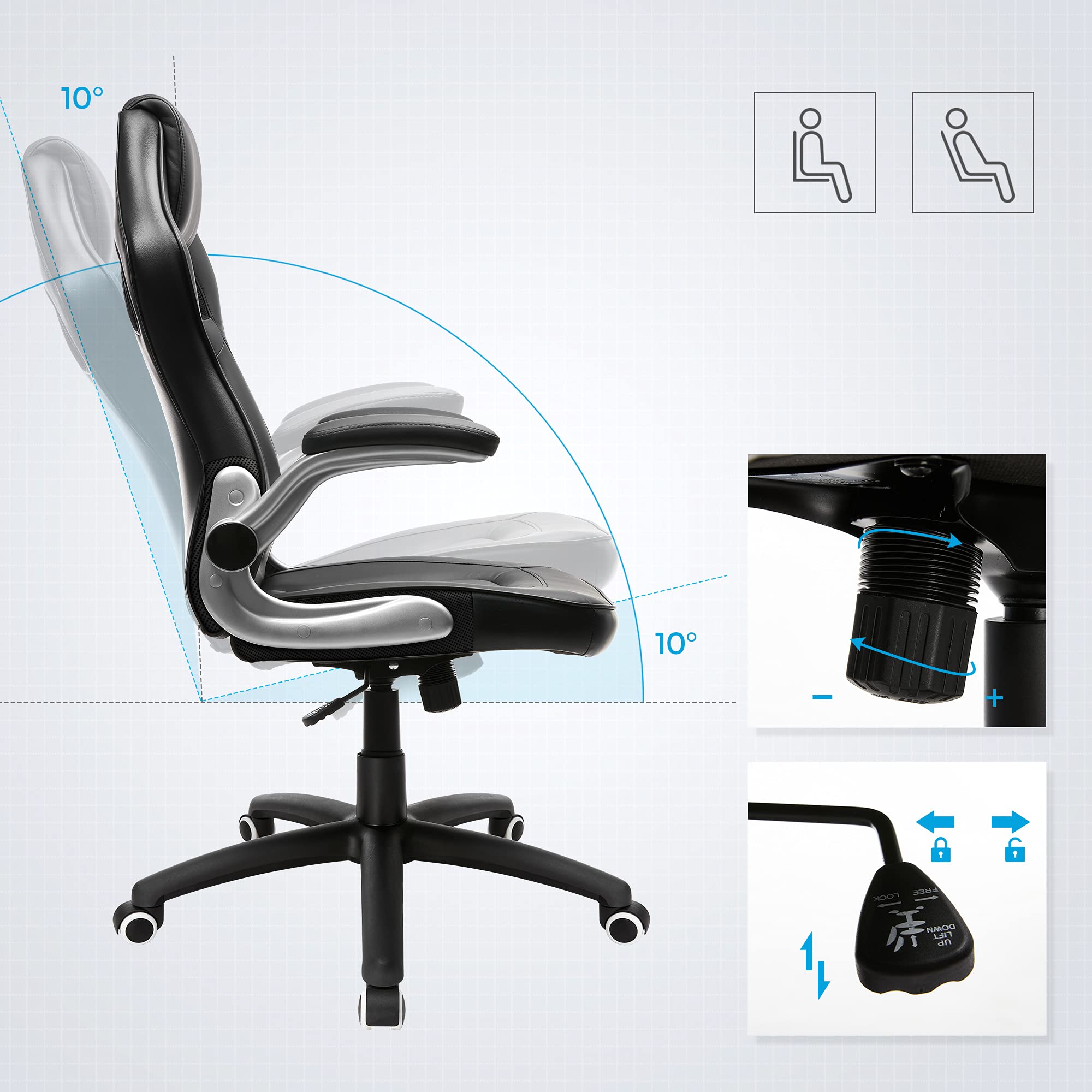 SONGMICS Chaise de bureau de forme sportive, pivotant, avec accoudoirs inclinables, Dossier haut, Hauteur réglable, Inclinable pour se balancer, Design ergonomique, Noir OBG62B 68 x 68 (115-125) cm