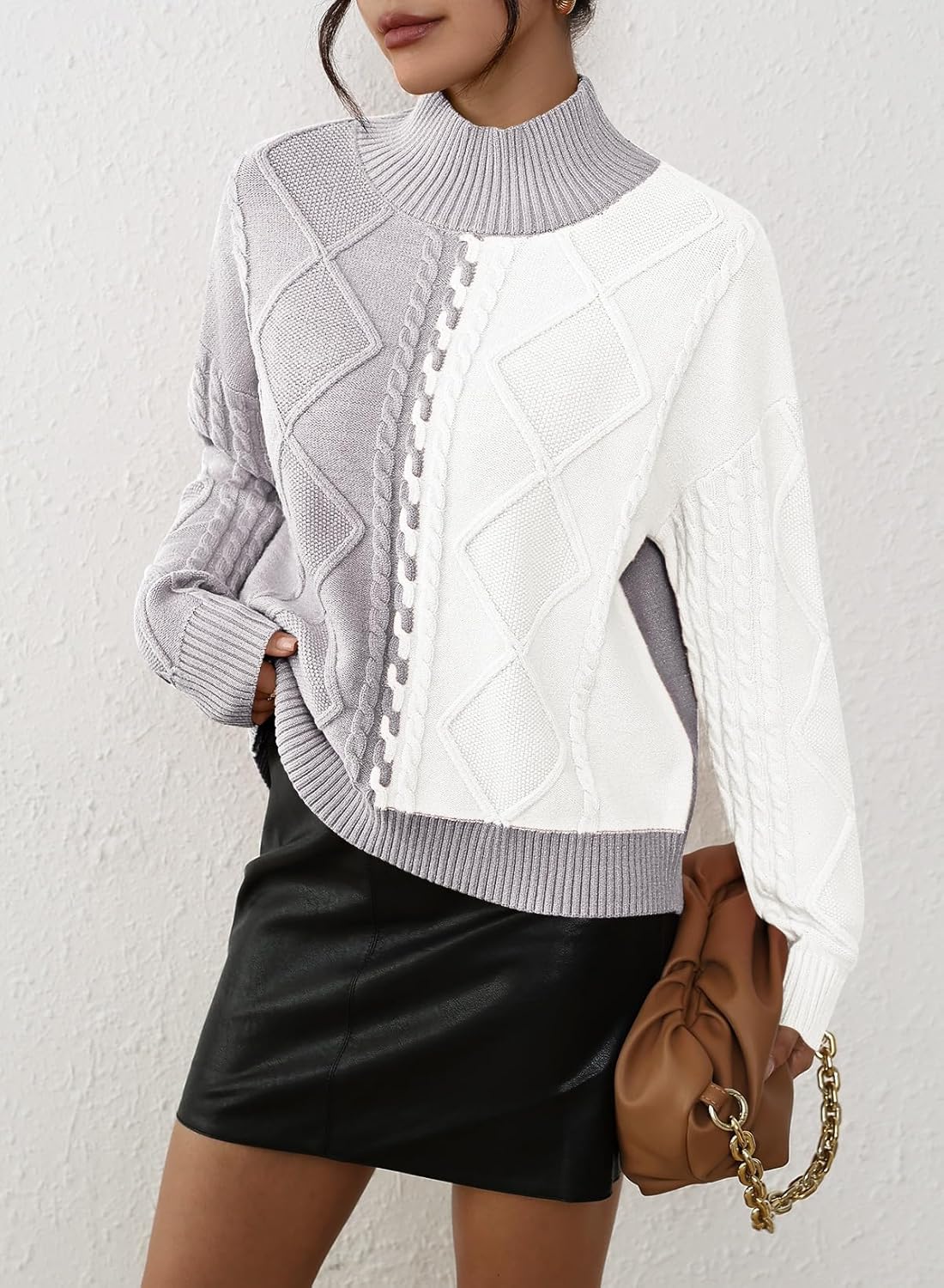 Pink Queen Women's Chunky Sweaters 2025 Fall Winter Long Sleeve Mock Neck Cable Knit Colorblock Pullover Jumper Tops - Image 3