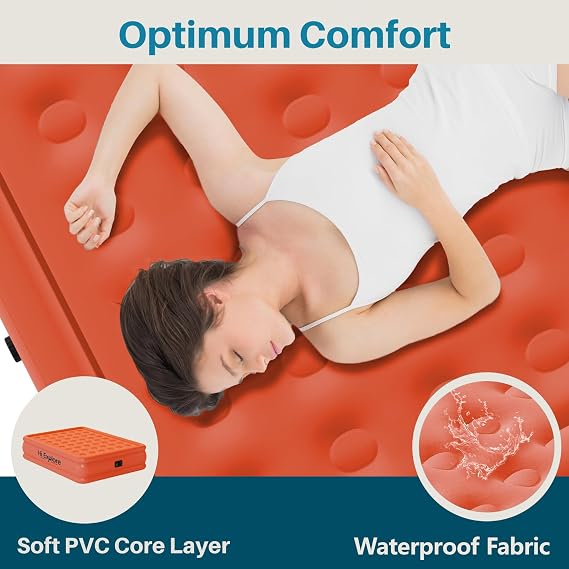 Air Mattress Twin with Built in Pump, 18 Foldable Blow Up Mattress, Portable Comfort Self Inflating Mattress with Flocked Top, Storage Bag for Camping, Home, Guests, Orange