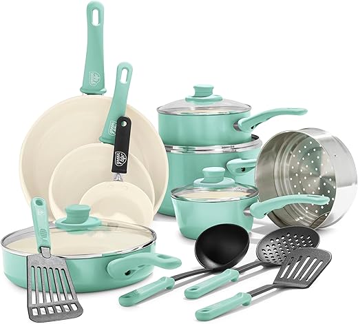 GreenLife Soft Grip 16 Piece Cookware Set, Non-Toxic PFAS-Free Ceramic Nonstick, Pots, Frying, Sauce, Saute, Glass Lids, Stay-Cool Handles, Wobble Free Bases, Dishwasher & Oven Safe, Turquoise