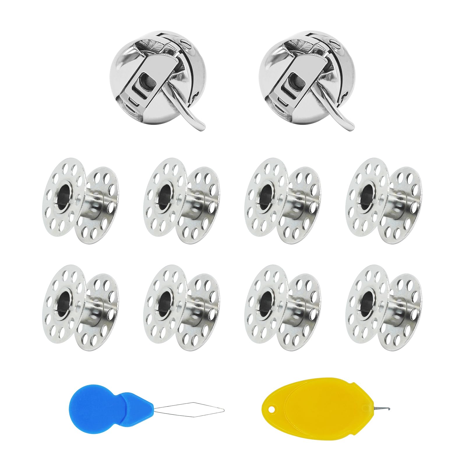 MABAHON2pcs Bobbin Case + 8 Pcs Stainless Steel Sewing +2 Pcs needle threader, Metal Sewing Machine Bobbins, for Front Loading