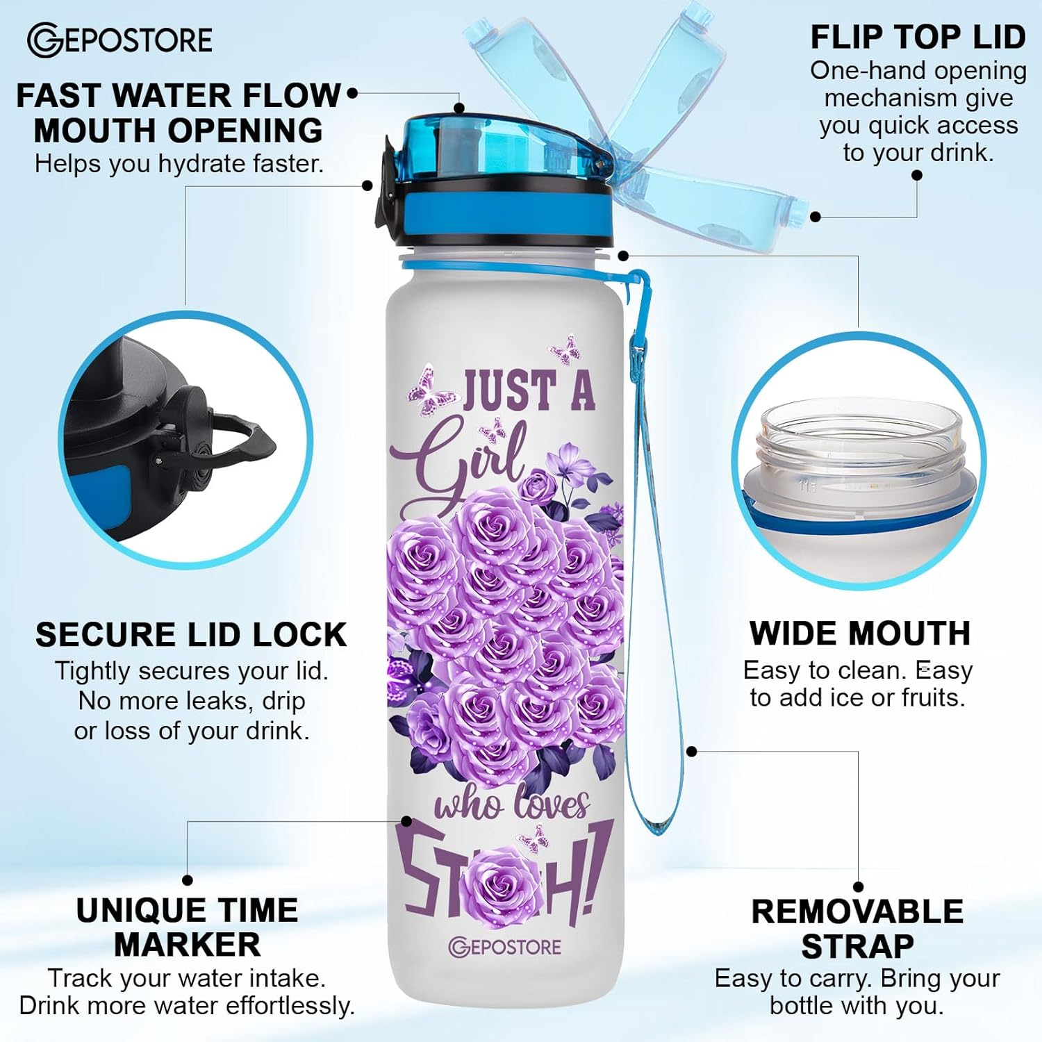 Blue Allien 32 Oz Water Track Bottle, Just A Girl Who Loves Bottle With Time Marker, Bottles, Motivational Insulated , Gift For Coon Lovers, Purple - Image 6