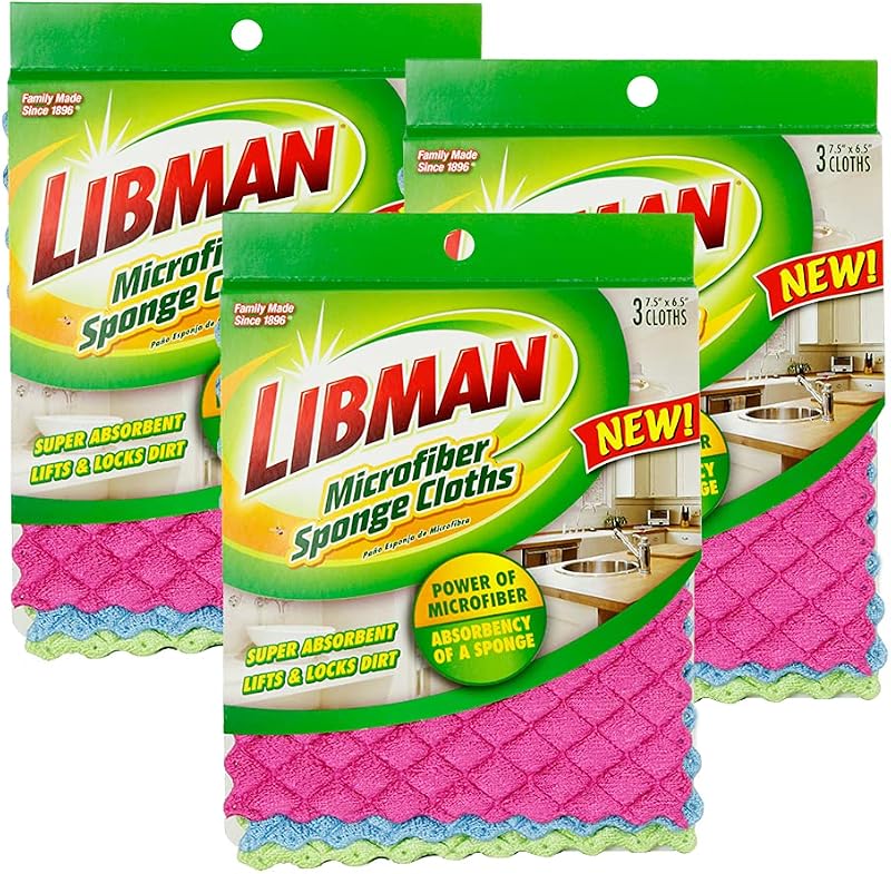 Libman Microfiber Sponge Cloths, Pink/Blue/Green, 9 Cloths | Combines sponge and dish cloth in one; #1482; 3 packs of 3 (9 total cloths).