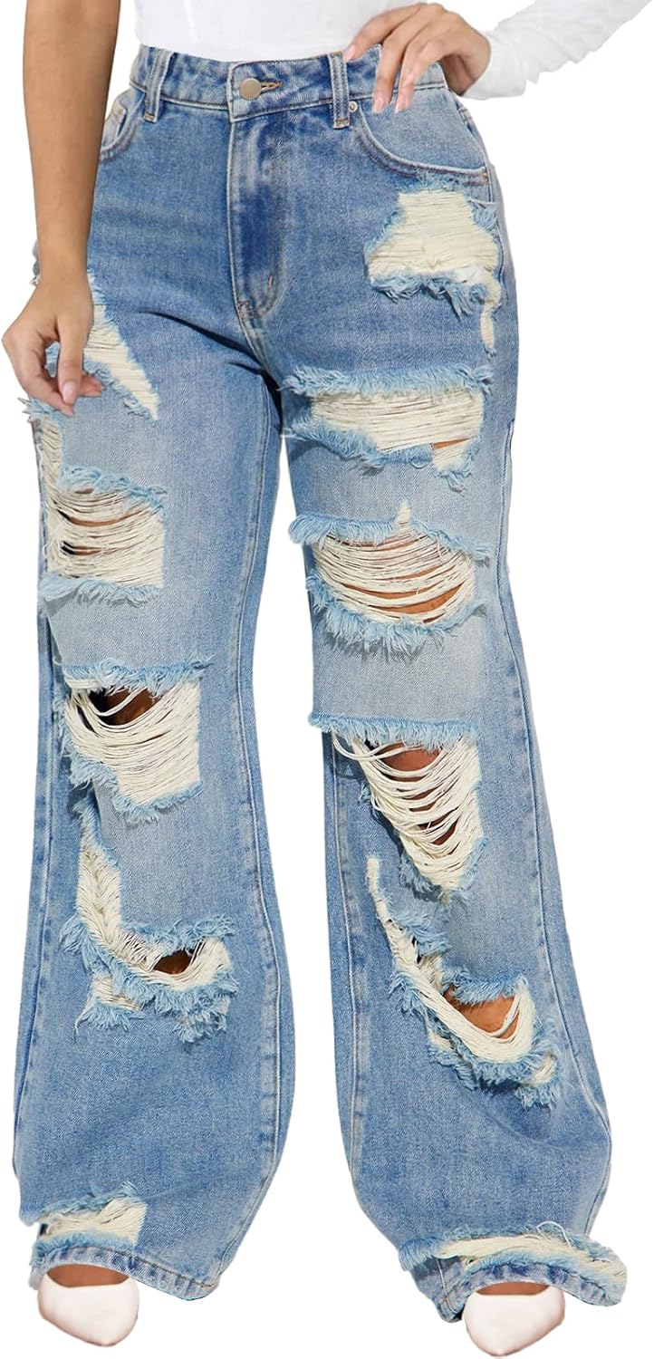 IbuduSexy Women's Mid Waisted Wide Leg Distressed Jeans Ripped Retro Denim Pants