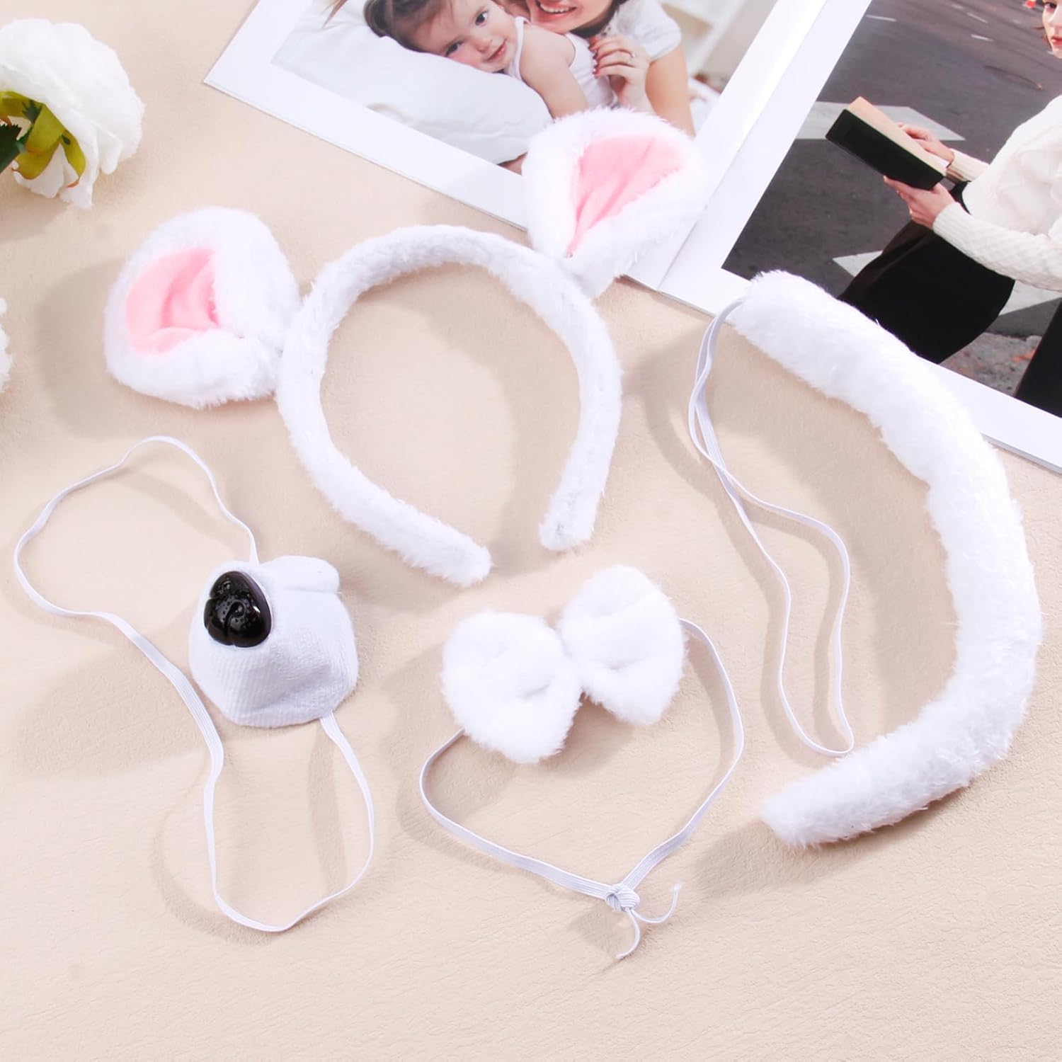 4 Pcs White Mouse Costume Set,Halloween Rat Nose and Headband White Costume Accessories,Mouse Ears and Bowtie Tail Accessories Set,Used for Halloween Adult Costumes Animal Accessory - Image 4