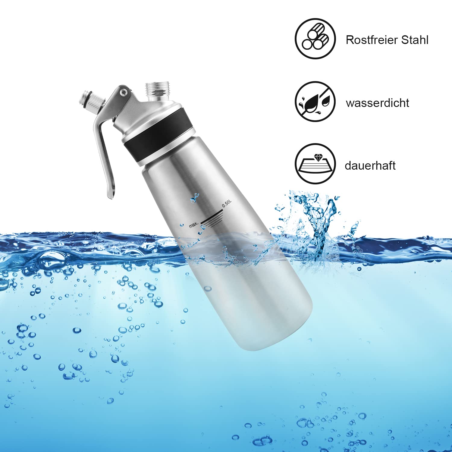 Sahnespender Aluminium/Edelstahl Sahnesyphon, 0,5 L Mit 3 Edelstahl Deko-Düsen und Reinigungbürste für die Zubereitung von Schlagsahne, Creme, Mousse (1x Edelstahl Sahnespender, Edelstahl)