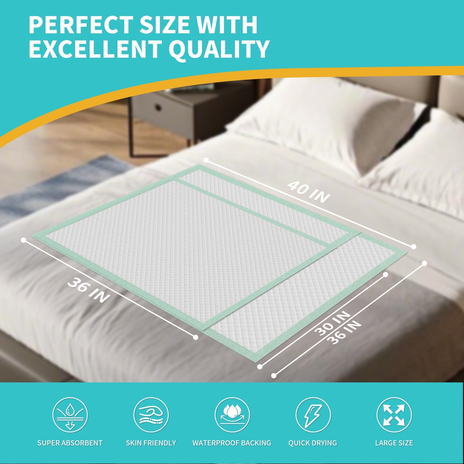 Almohadillas de cama desechables de 40 x 36 pulgadas, extra grandes, para adultos, superabsorbentes, impermeables, para incontinencia, colchón o mascotas [100 x 91 cm, 40 piezas]