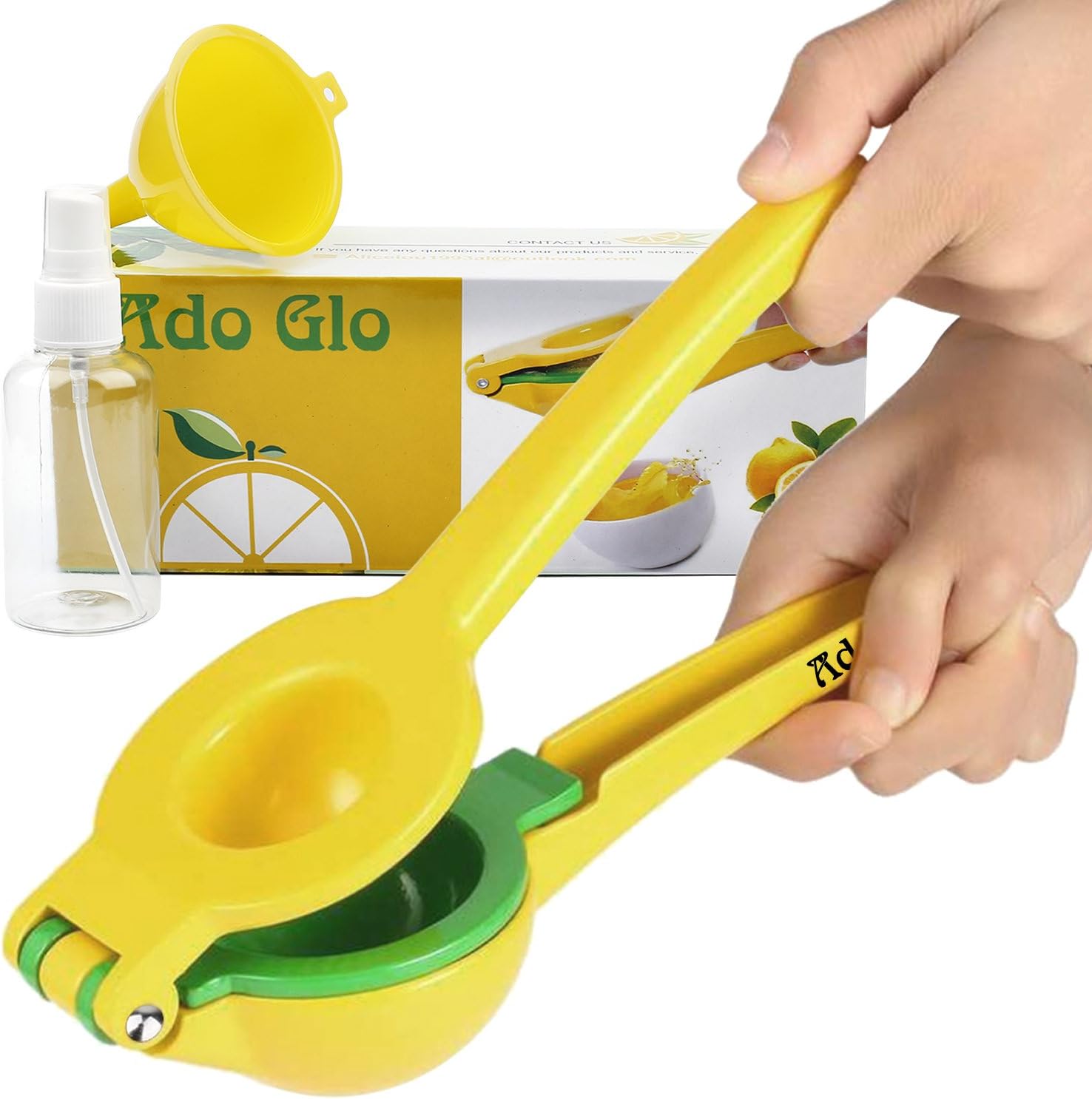 Lemon Squeezer - Heavy Duty Metal Lime Juicer - Manual Citrus Press with Lemon Sprayer & Small Funnel (Yellow)