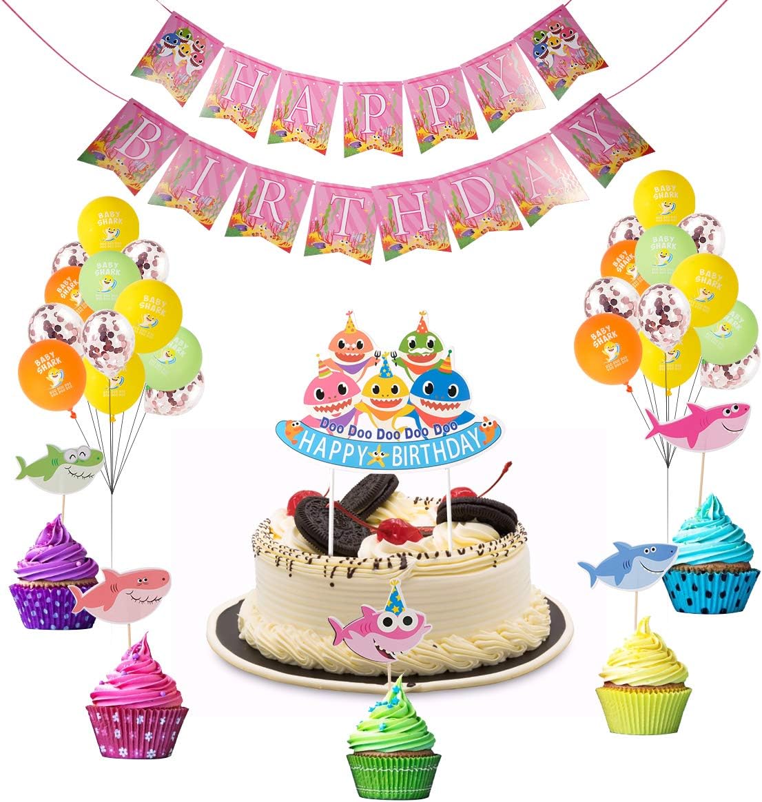 Shark Party Supplies - Shark Baby Happy Birthday Banner,Shark Baby Balloons,Cake Topper,Cupcake Toppers For Kids Girls Baby Shower, 1st Birthday Decorations - 57 Pack