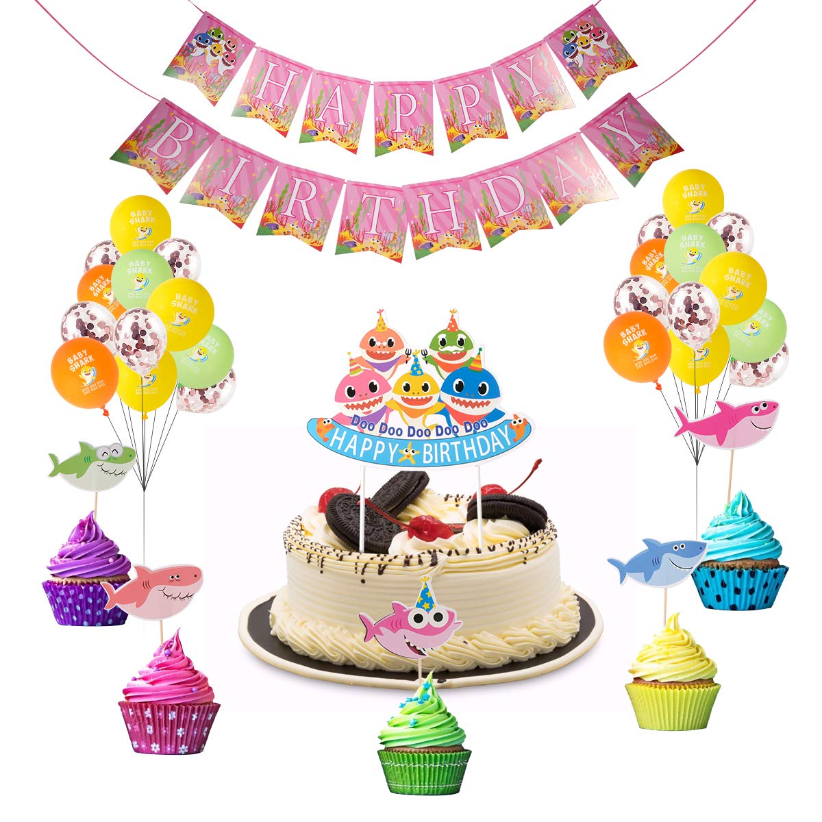 Shark Party Supplies - Shark Baby Happy Birthday Banner,Shark Baby Balloons,Cake Topper,Cupcake Toppers For Kids Girls Baby Shower, 1st Birthday Decorations - 57 Pack
