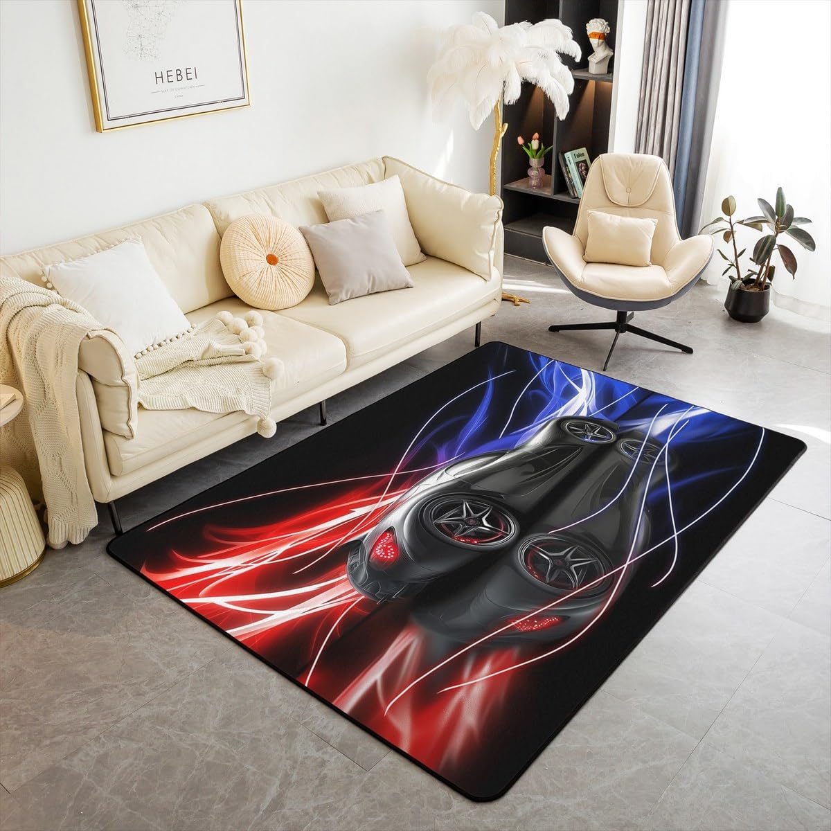 jejeloiu Race Car Area Rug 5x7 Polyester Red Blue Living Room Rugs for Bedroom Speed Sports Car Decor Carpet Extreme Sports Indoor Floor Mat Soft Non-Slip