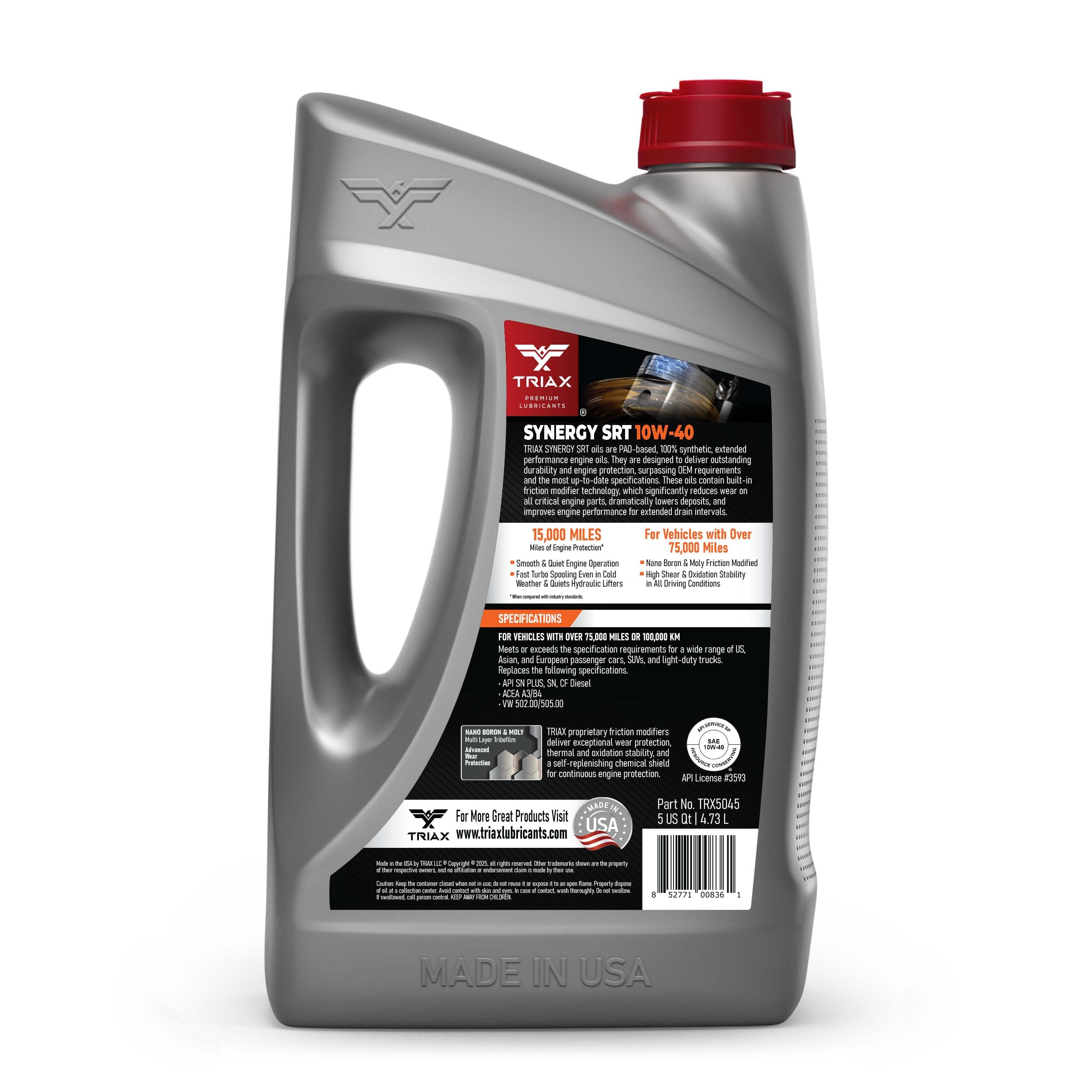 TRIAX Synergy SRT 10W-40 Olio Motore Sintetico Alto Chilometraggio - Per Auto e SUV Benzina - API SN - ILSAC GF-6A - ACEA A3/B4-4,73 L (5 Quarti)