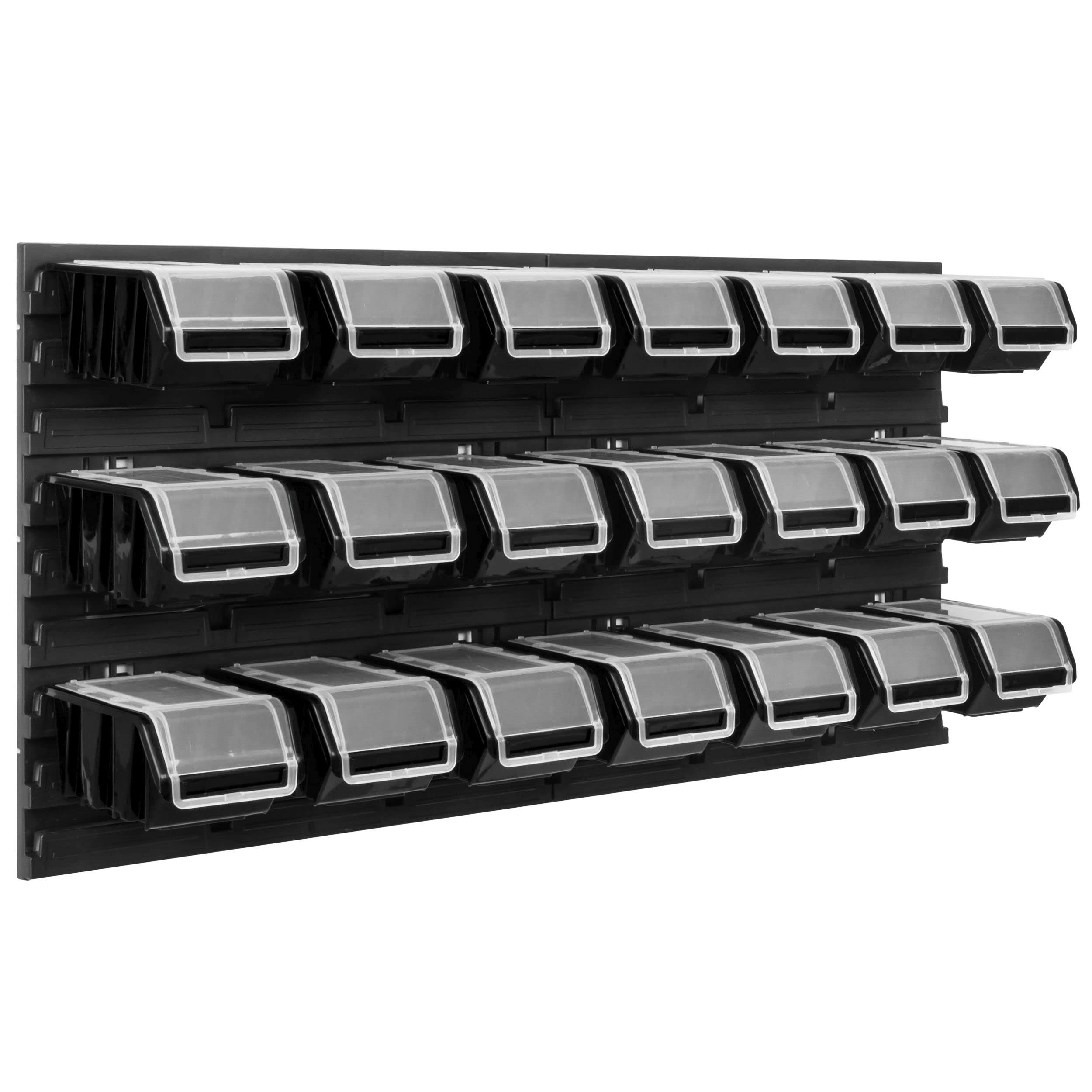 Sistema de almacenamiento para taller | 78 x 39 cm | 21 unidades | Estantería de pared con cajas apilables – placas de pared extrafuertes – Estantería perforada para vehículos de mercancías o garaje