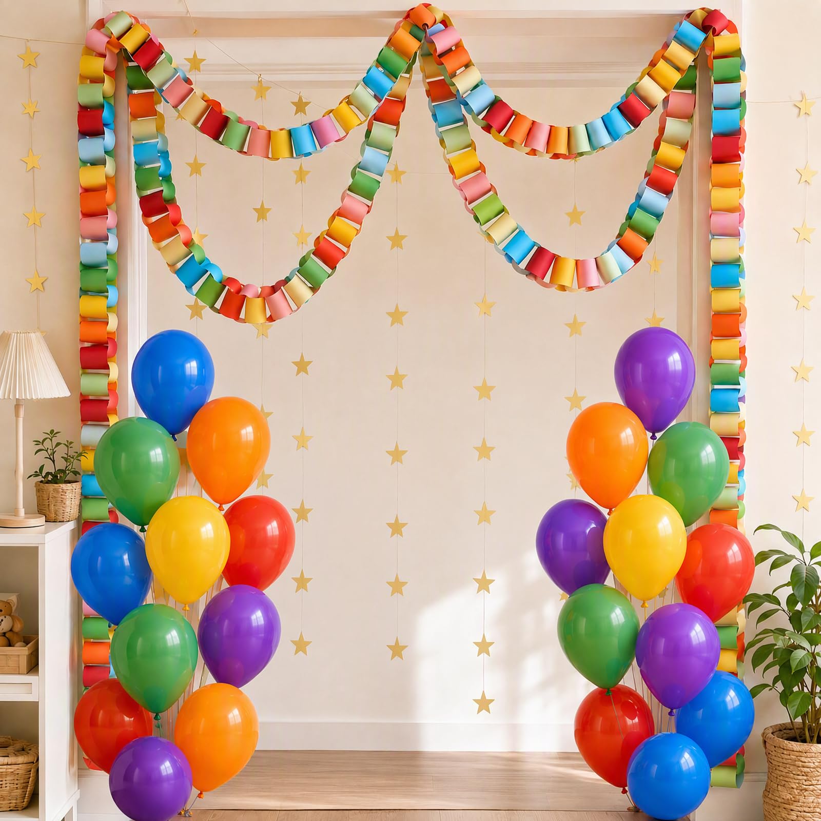 500 hojas de tiras de cadena de papel de 3 x 8 pulgadas, guirnalda de estrellas doradas de 16 m y 30 globos coloridos de arcoíris de 12 pulgadas para manualidades, cumpleaños, boda, festival