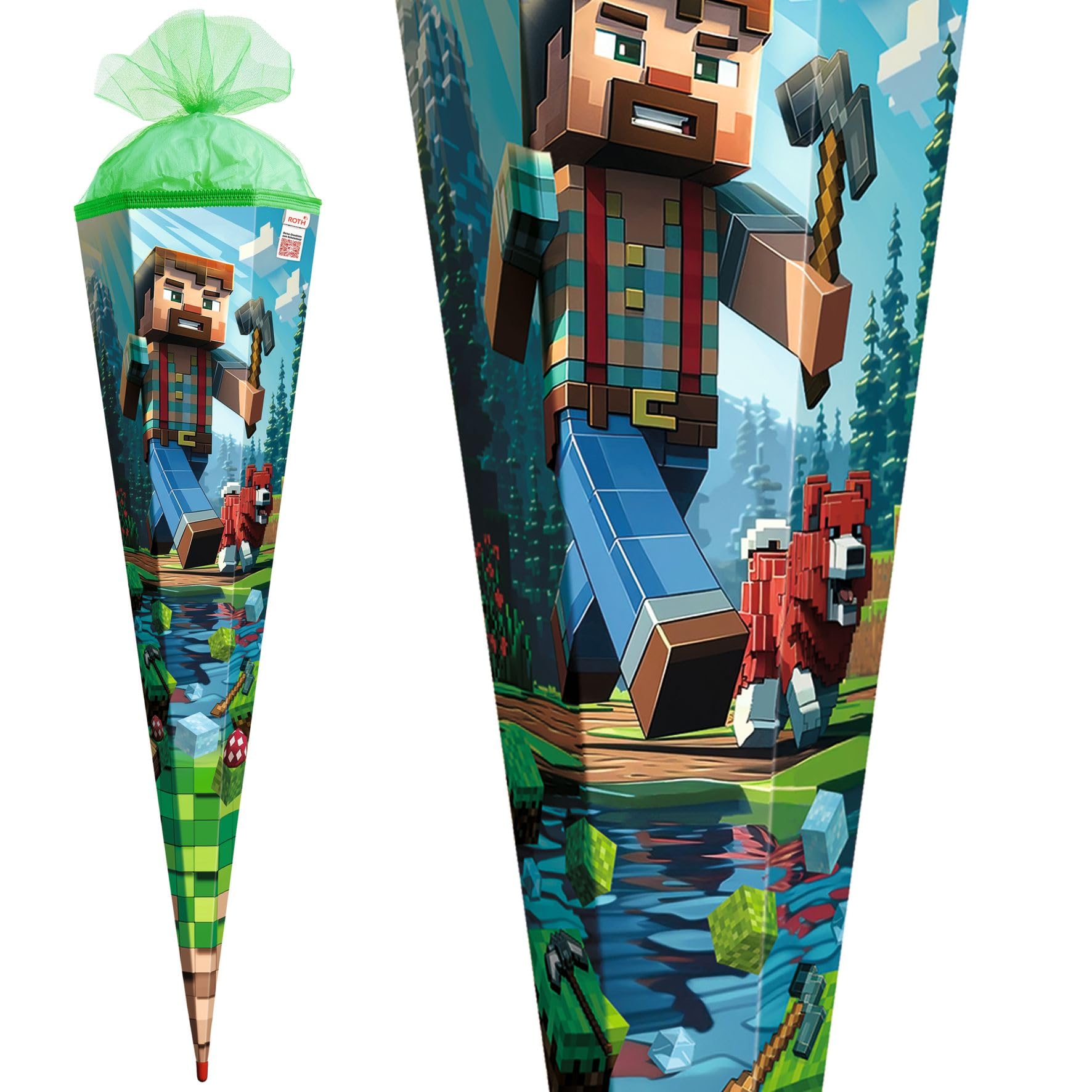 ROTH Motiv-Schultüte „Block Game“ 100 cm groß, 6-eckig, mit Tüllverschluss Spitze, XXL Zuckertüte zum Schulanfang