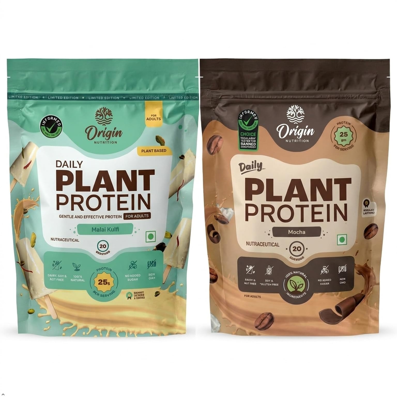 Origin Nutrition Plant Protein Combo | Mocha + Kulfi | 25g Pea Protein per Scoop | 40 Servings, 2 Pouches | Vegan, Gut-Friendly, No Sugar-image-9