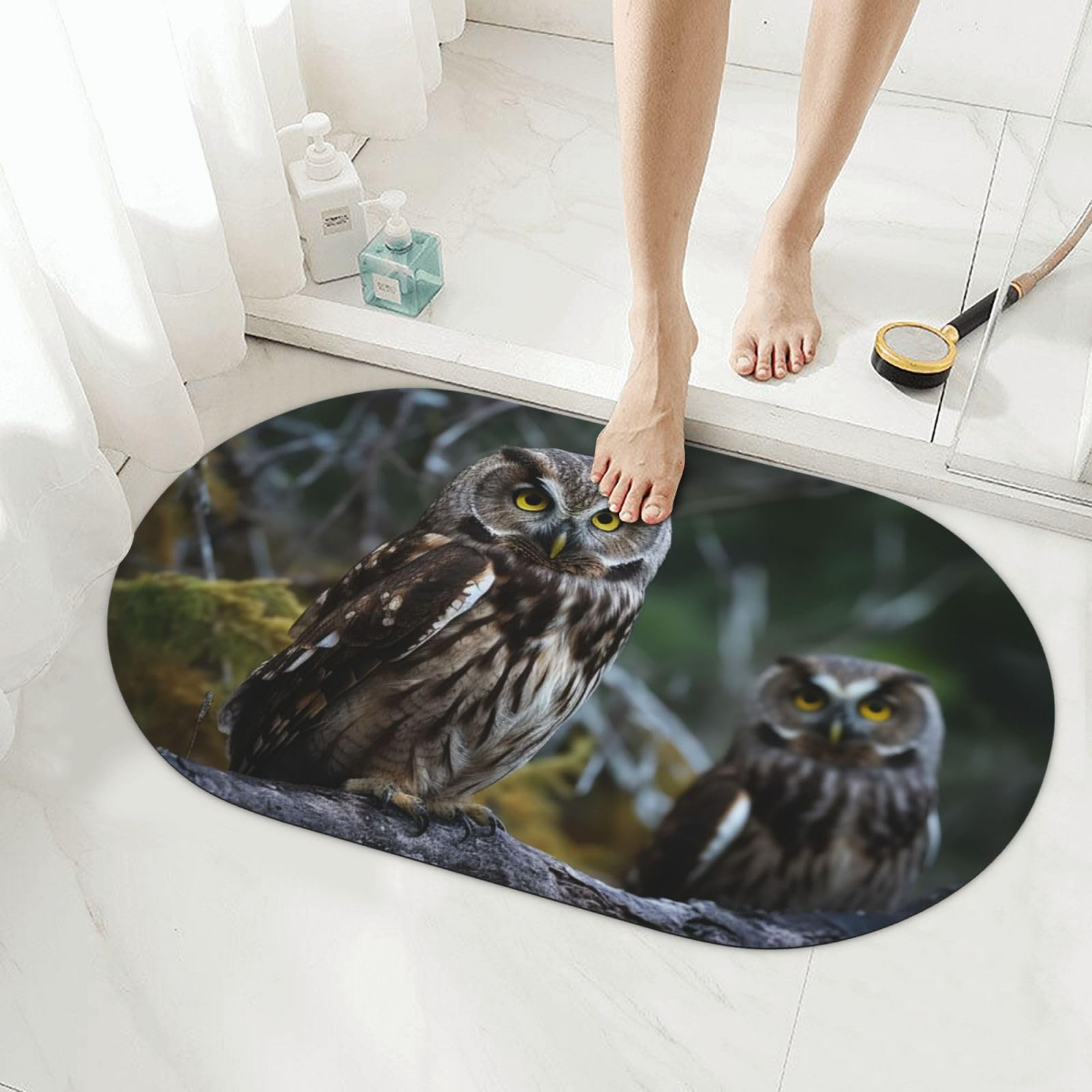 Tapis de sol de salle de bain en pierre hiboux sauvage et oiseaux