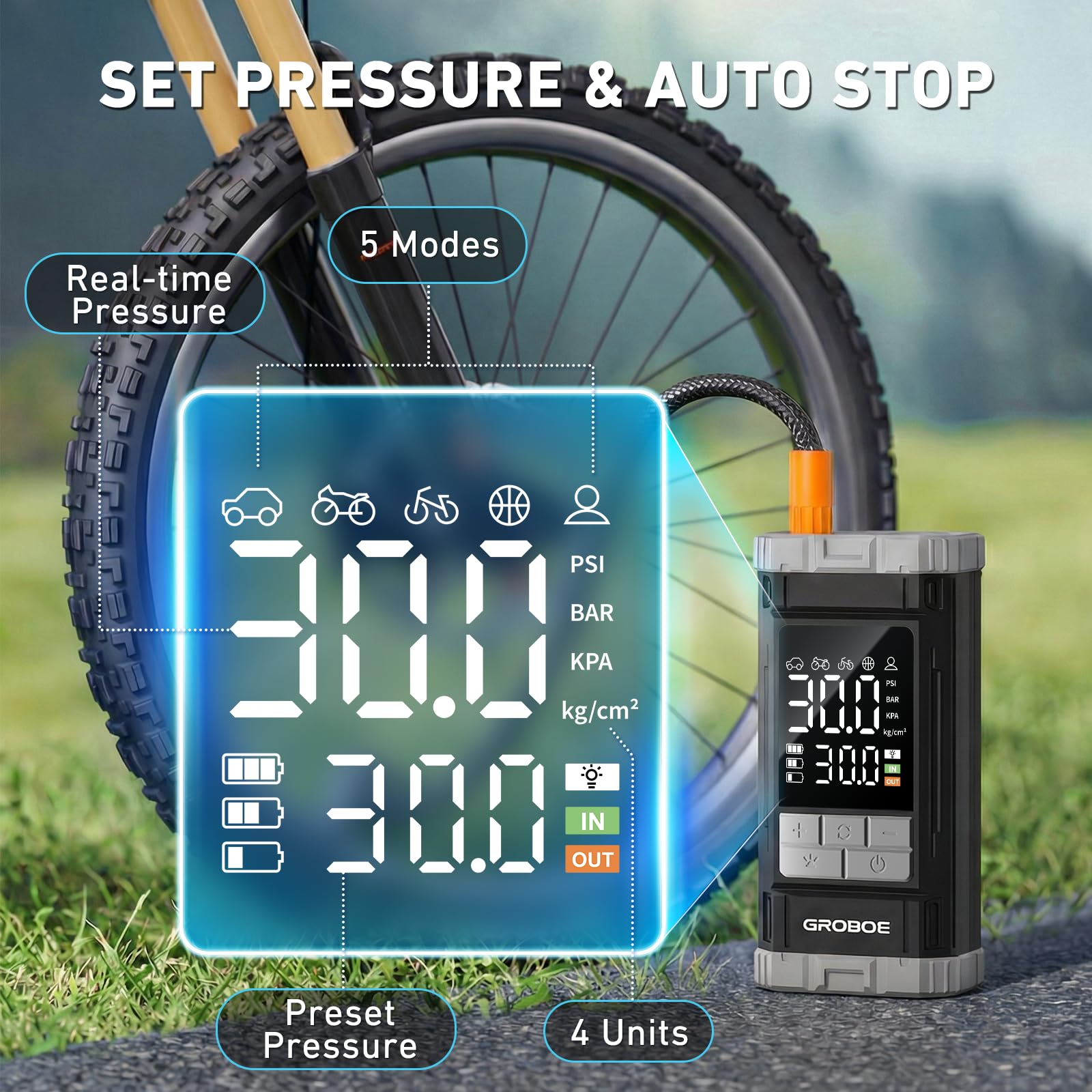GROBOE Tyre Inflator Air Compressor Portable Car Tyre Pump Cordless Car Air Pump with Digital Pressure Gauge 12V DC 150PSI Rechargeable Electric Bike Pump with Auto Shutoff for Bike Motorcycle Ball — view 7