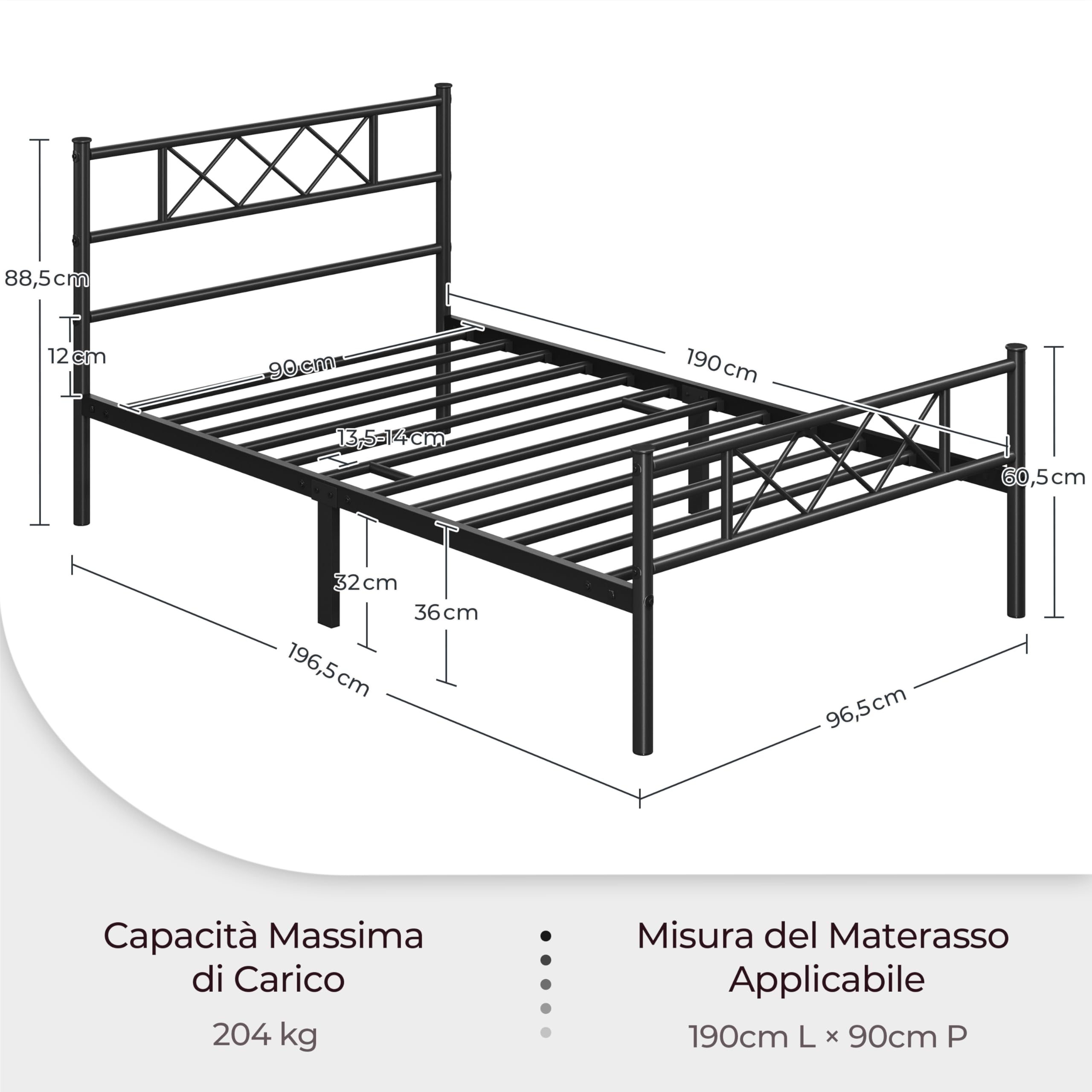 Yaheetech Struttura Letto Singolo in Metallo Ferro con Testiera a Forma di X Telaio con Rete a Doghe per Camera Dormitorio 90 x 190 cm Nero