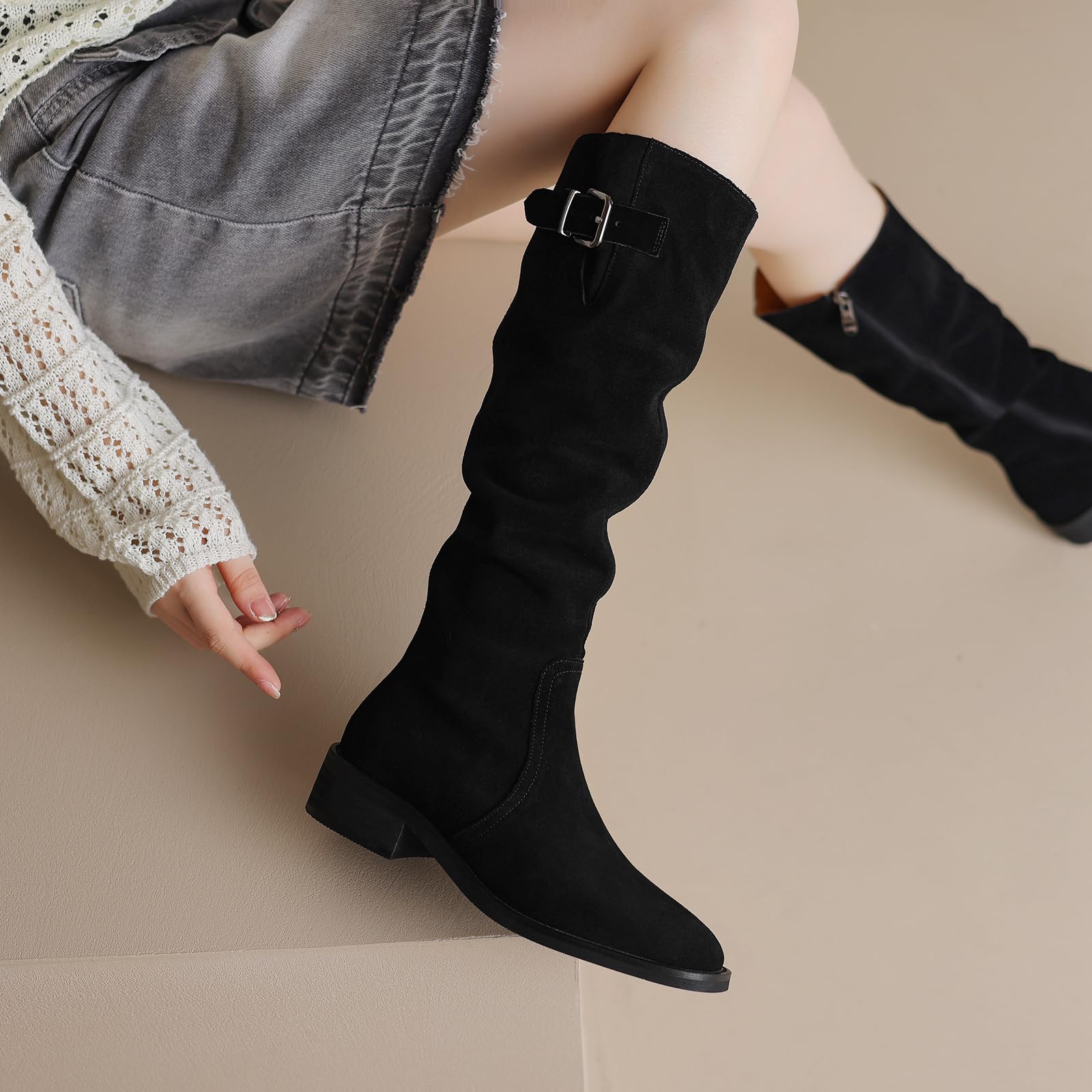 Stivali da donna Vintage Nubuk al ginocchio con pizzo quadrato e bassi, tacchi grossi per l'inverno