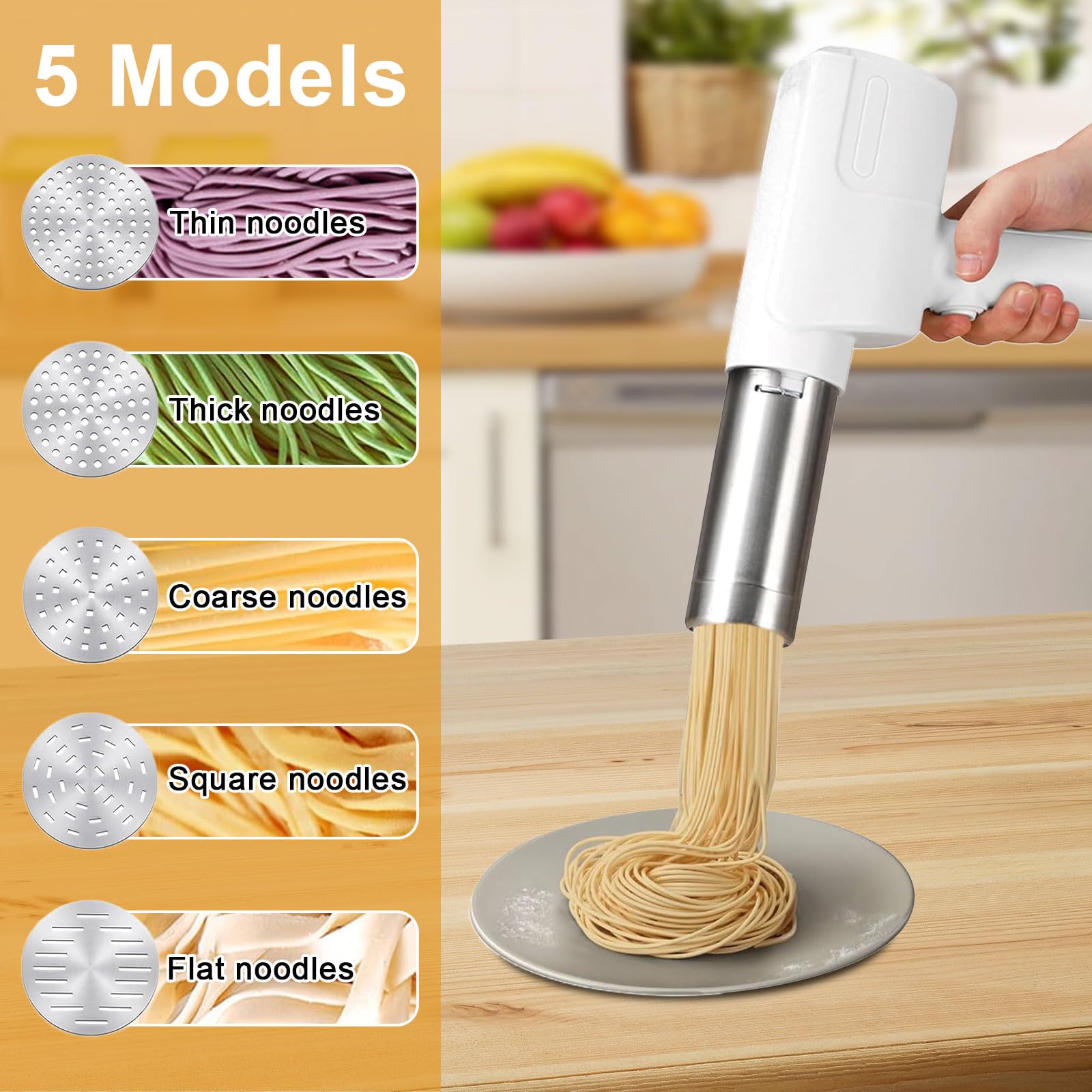 Máquina de Pasta Eléctrica Inalámbrica Portátil – Pasta Maker Automático con Batería 2000/2600mAh, 5 Moldes Intercambiables y Accesorios, Acero Inoxidable, Hogar & Exterior