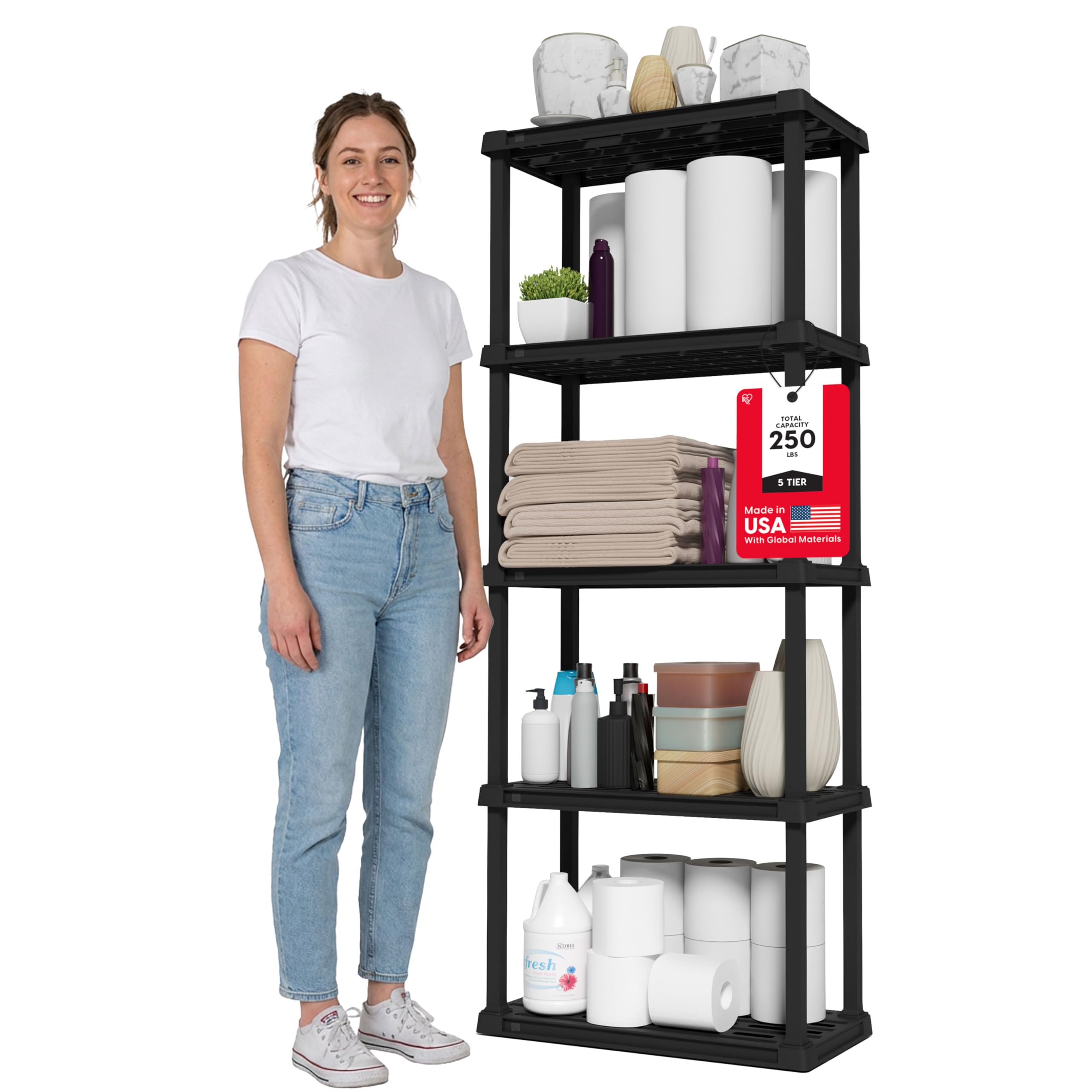 IRIS USA 5-Shelf Light Duty Plastic Storage Shelves, 250lb Capacity, 64" H x 24" W x 12" D, Medium Modular Shelving Unit Storage Organizer for Bathroom, Laundry, Garage & Home, Storage Rack - Black