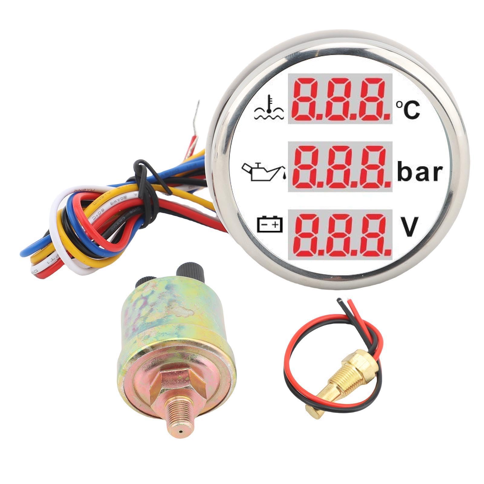 52 Mm 3 en 1 Voiture de Calibre Marine, Jauge Température L'eau de Liquide Refroidissement Moteur ° F + Gauge de Pression D'huile PSI + Voltmètre, Kit Capteur (Couverture argentée en cadran