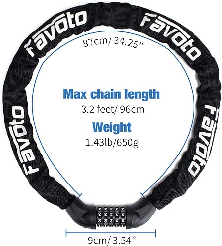 Miniatura 5 de Favoto Candado de cadena para bicicleta, combinación de 5 dígitos, cerradura antirrobo, 3.3 pies de largo, ideal para motocicleta al aire libre,