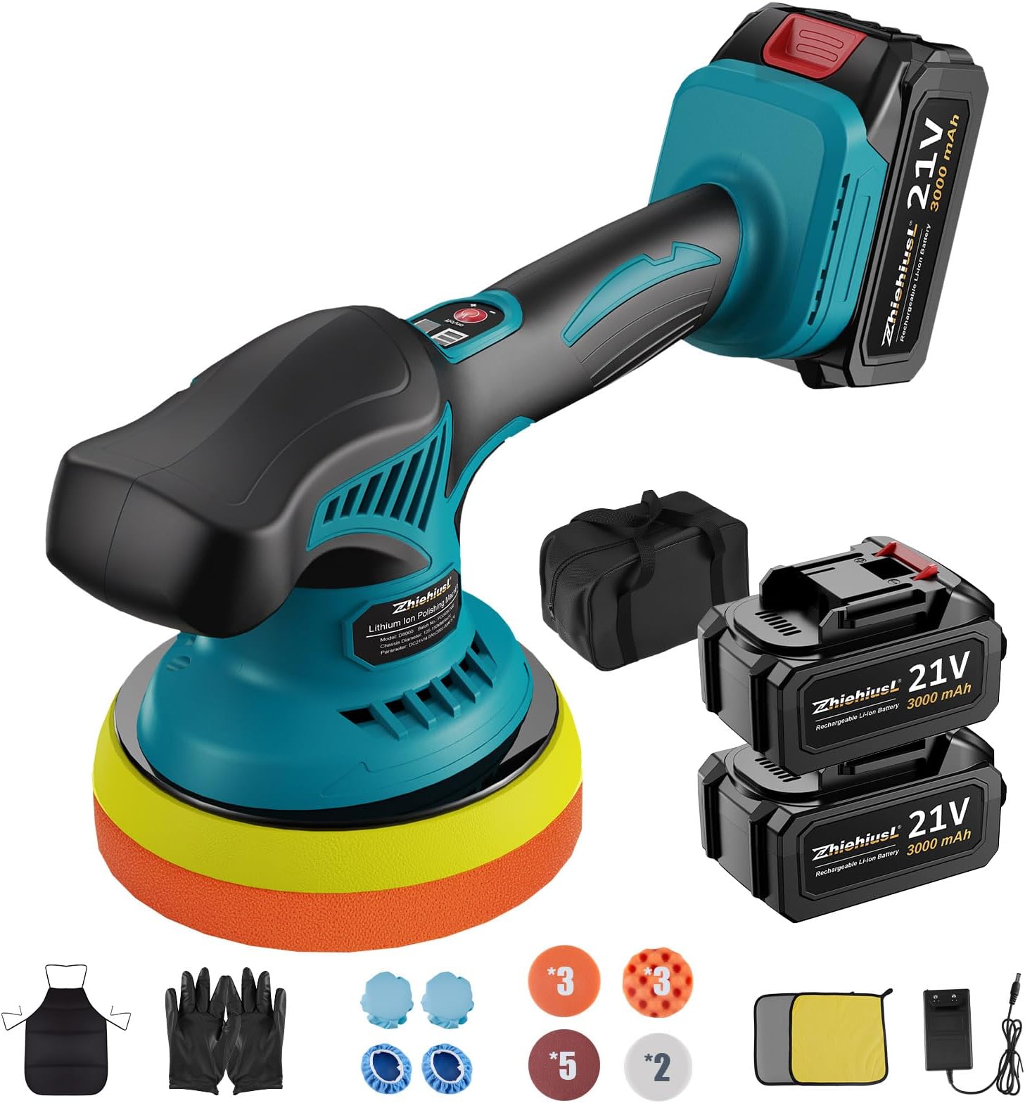 Cordless Car Buffer Polisher, Car Buffers and Polishers Kit with 2X21V 3000mAh Batteries, 8 Variable Speeds to 6000 RPM, 6IN Cordless Polisher for Car Detailing Polishing Waxing