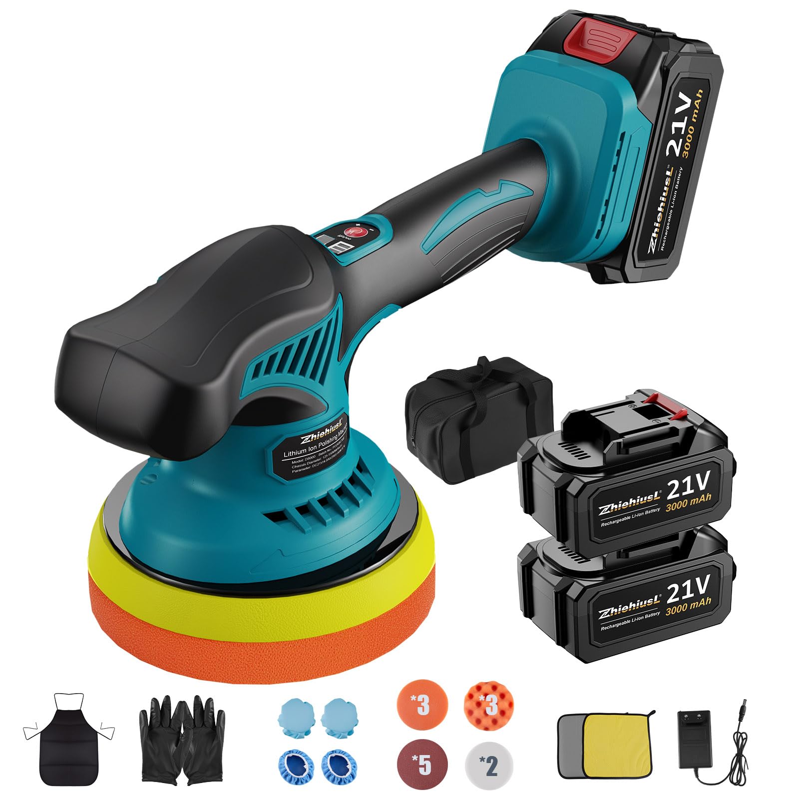 Kit di lucidatura auto wireless da 6 pollici, dotato di 2 batterie 21V 3.0Ah, 8 velocità regolabili 2800-6000 giri/min, per lucidatura della superficie dell'automobile, ceretta e rimozione del graffio