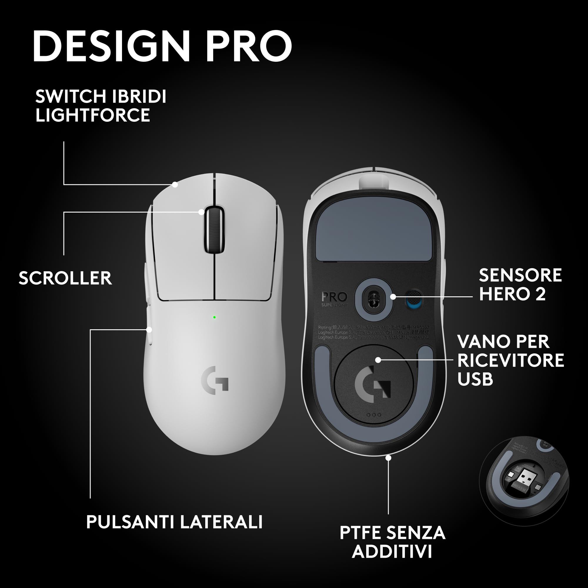 Logitech G PRO X SUPERLIGHT 2 SE mouse gaming wireless, mouse Pro-Grade da 60 g con 5 pulsanti programmabili, sensore a 44.000 DPI, >888 IPS, velocità di aggiornamento 1 kHz, USB-C, PC/Mac - Bianco