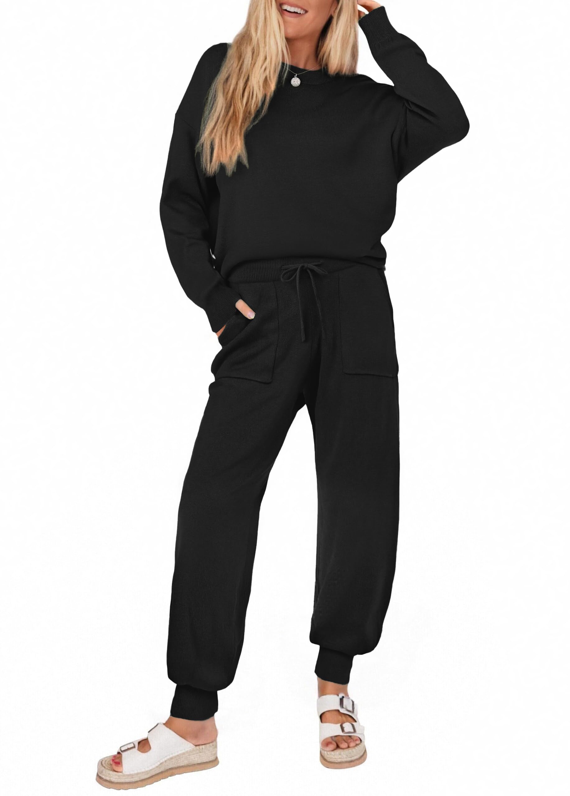 Ekouaer Womens 2 Piece Lounge Set Long Sleeve Knit Pajamas Sweatsuit Jogger Pant Outfits With Pockets S-XXL