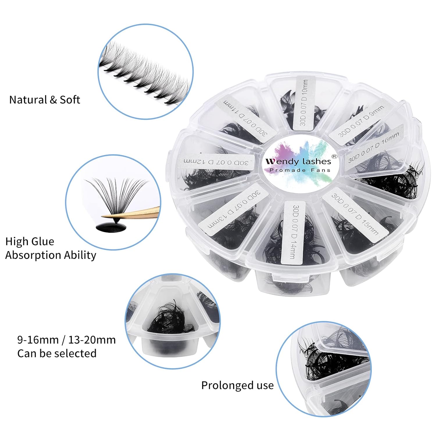 Premade Fans Short Stem 500 PCS 30D Eyelash Extensions 0.07mm C/D Curl 9-16mm Mixed Length WENDY LASHES Russian Volume Pre-made Lash Extension (500PCS-30D-0.07-D, 9-16mm Mixed Tray)