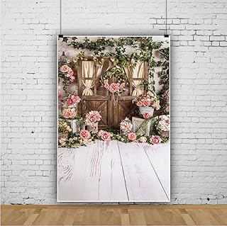 Qinunipoto 背景布 春の背景 緑の植物 花 木製のドアの柄 1x1.5m 壁の飾り 記念写真 ビニール製 写真撮影 backdrop background 撮影背景 撮影シート 記念写真 背景紙 写真スタジオ
