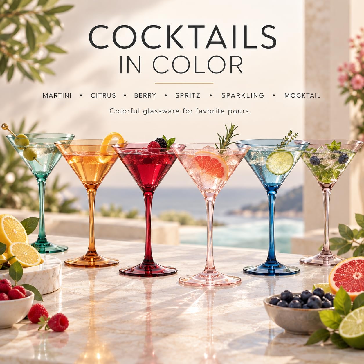 Lot de 6 verres à martini et à cocktail en cristal coloré - Cadeau pour elle, épouse, maman, amie - Grands verres de 283,5 g - Style italien unique - Verrerie colorée - Pastel
