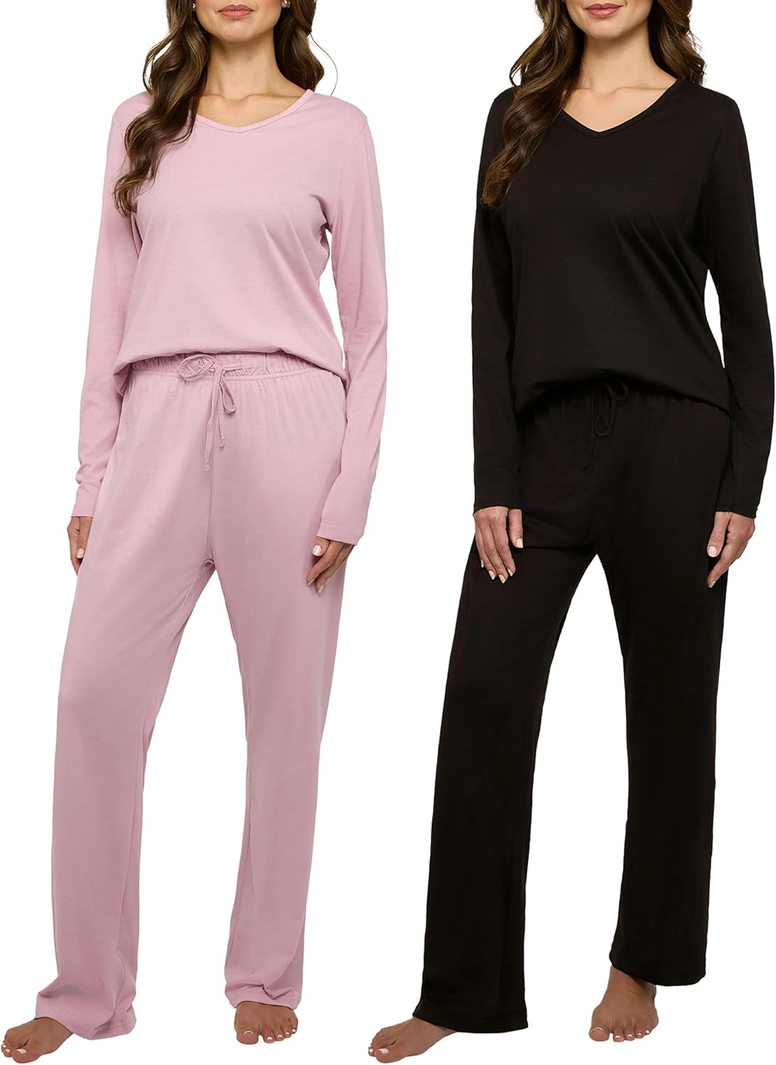 Real Essentials 2 Pack Women's Soft Cotton Long Sleeve Pajama Set with Pants - Lounge Sets for Women (Available In Plus)
