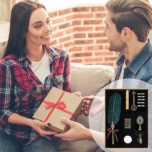 Miniatura 7 de Anglekai Juego de bolígrafo y tinta, pluma de caligrafía con sello de cera, tinta y barras de sello de cera, puntas de repuesto, cuchara, papel de